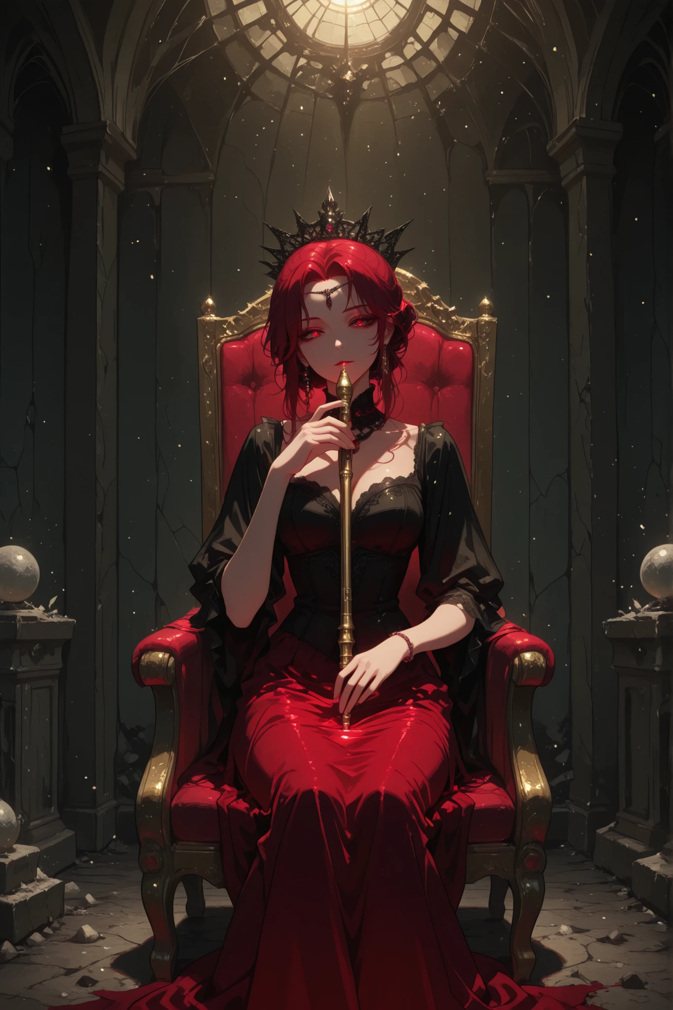 masterpiece, high resolution, detailed photo, noble lady in a silk dress with lace, majestic pose on the marble throne, thin fingers on a golden flute, loose red curls, pearl jewelry, ruined throne room, cracked frescoes, falling light through the broken roof, Birds in flight, a romantic atmosphere