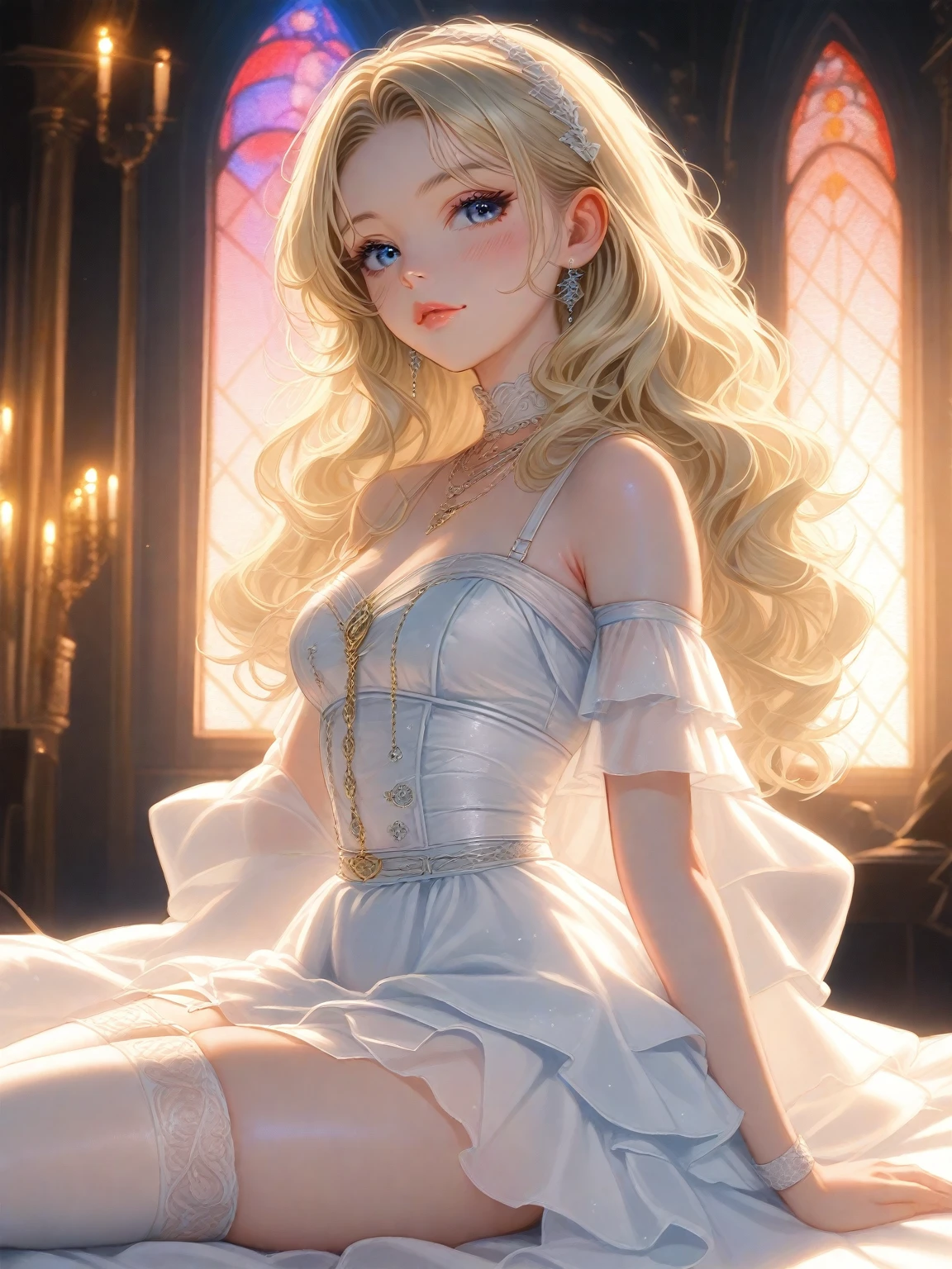 Straight yellow hair doll in love seductive, flirtatious and bold smiling lovingly