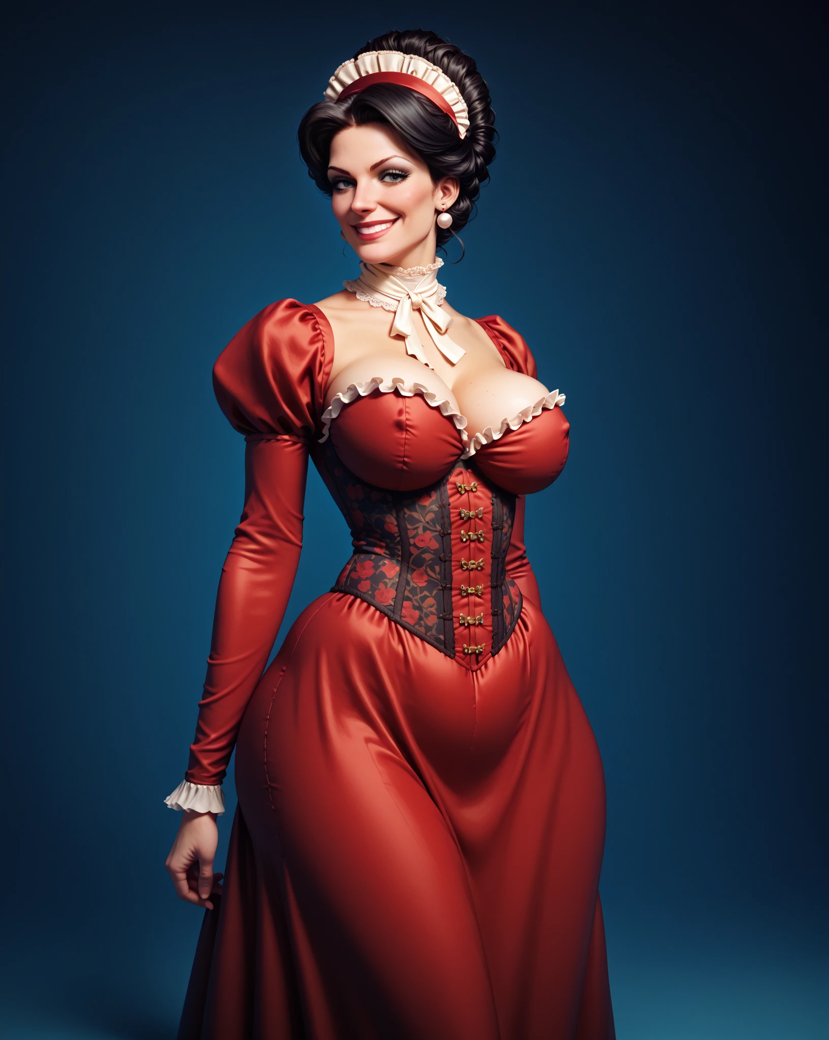 (masterpiece, best quality,photorealistic),portrait,1girl, beautiful,young,realistic,red corset,thigh highs,lace gloves,(huge sagging:1.3),breasts apart,facing viewer,looking away,(extremely detailed eyes),(sitting),((posing for a figure painter)),victorian style,(HDR:1.3),(vivid colors:1.4),(high contrast),soft lighting,intrincate details,realistic body proportions,fine detail,blank grey background,(((field of depth)))