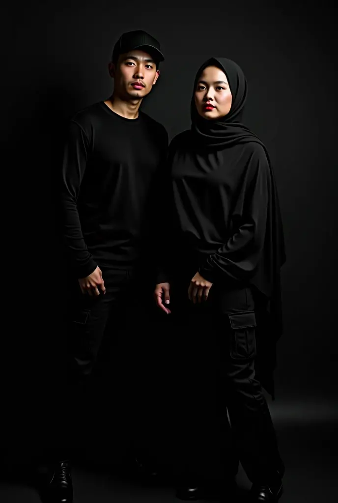 araffe family standing in a narrow alleyway with a boy and a woman (wearing hijab), husband wife and son, wearing black modern clothes, casual black clothing, casual modern clothing, portrait of family of three, outlive streetwear collection, an indonesian family portrait, wearing a black tshirt, wearing black clothes, wearing a black t-shirt, wearing in black clothes, black clothing