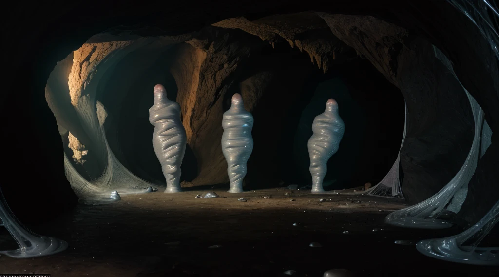 5 girls, trapped within sticky slimy cocoons made of silk, set within a dark cave, surrounded by spiders, spider web