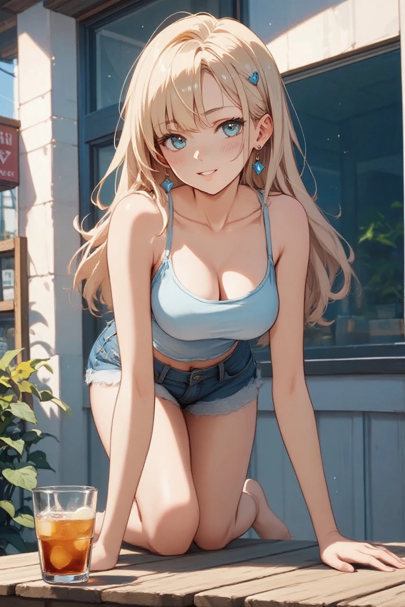 nude:1.2 skinny brown haired waitress:.5, blue eyes, high ponytail, crowded restaurant, holding pen and notepad, night, , 20yo,