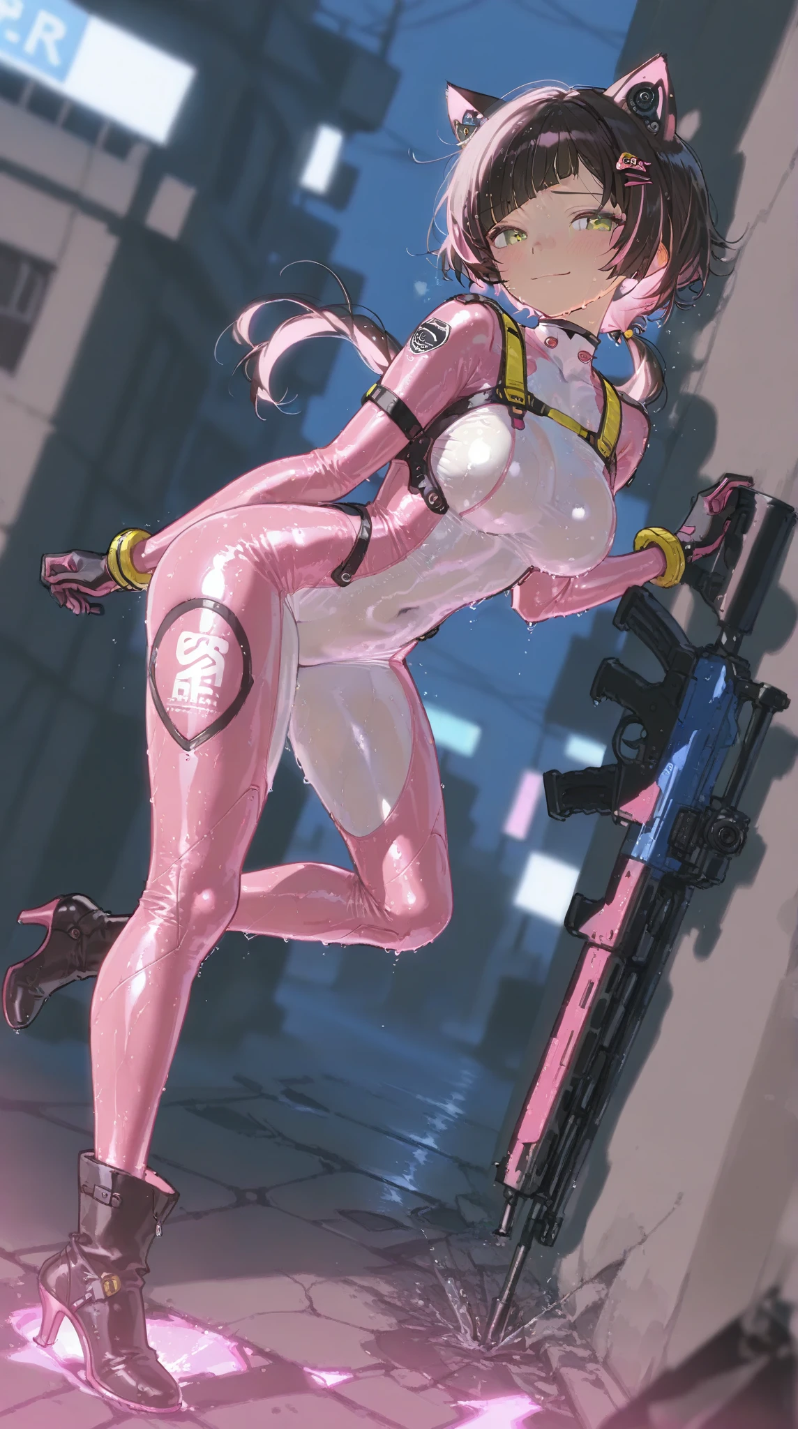 1 girl, bulletproof vest, (Luxury pink and white latex Bodysuit:1.4), high heeled boots, gloves, (((Full body))), ponytail hair, tactical gear, M16 assault rifle, Sharp focus, fishnets, femme fatale, hood,
((Best quality)), ((masterpiece)), (highly detailed:1.3), Depth-of-field, Multi-layered textures, HDR (High Dynamic Range), Ray Tracing, NVIDIA RTX, Unreal 5, Subsurface scattering, PBR Texturing, Post-processing,
Anisotropic Filtering, Maximum clarity and sharpness, Wide aperture, Low ISO, White balance, Rule of thirds, 8K RAW, (extremely slutty), (Highly realistic skin), beautiful detailed eyes, sharp image, (High detail:1.3),