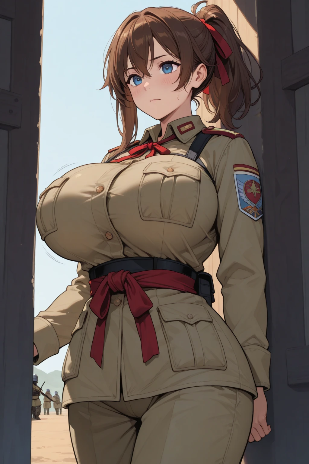 Mommy short brown hair huge with very big and huge breasts with tactical uniform scarf pleated skirt very beautiful and very detailed