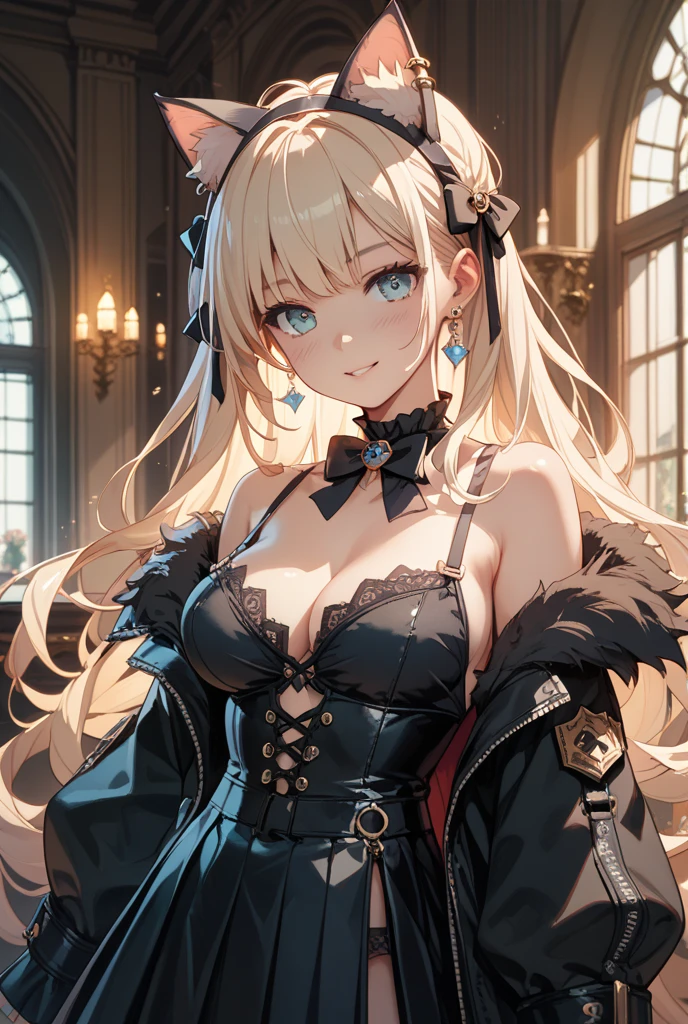 masterpiece, best quality, ultra-detailed, beautiful, 1girl, solo, wolf girl, wolf ears, wolf tail, blonde hair, long hair, fangs, blue eyes, vintage dress, sharp fingernails, black nails,
