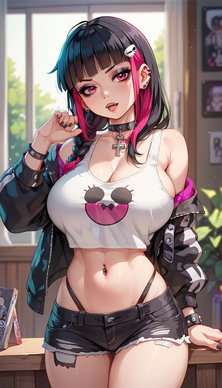 big lips, Brown hair, pink eyes, japanese face, improve, improve grin, two sides up, huge breasts, Wide hips, sexy, detailed, pink room, Hits, (evil smile1.4), kawaii, pleated skirt, punk, GOOD, Pink and black suit, plaid skirt, punk shirt, choker, punk skirt, punk shirt,navel piercing