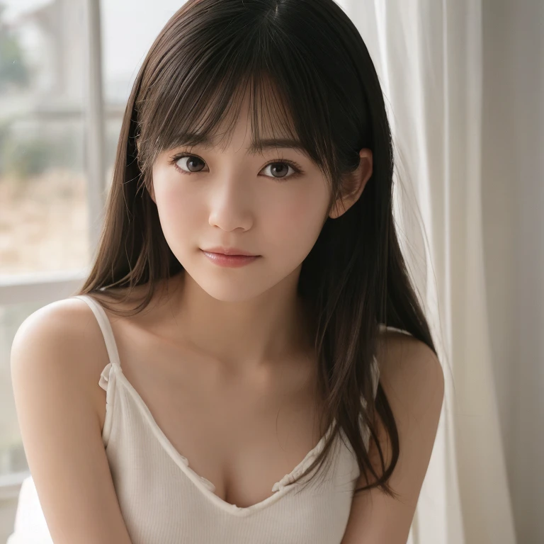best quality, high-res, realistic photo, detailed skin texture, cute girl, shy, facing the camera, slim figure, small breasts, 10-year-old, charming gaze, Japanese girl, fair skin, white underwear, youthful appearance,