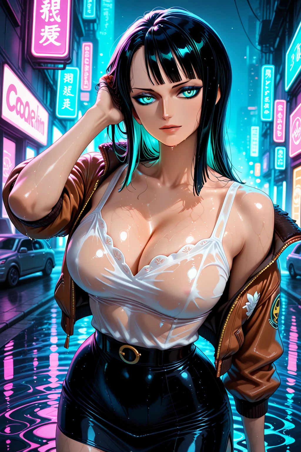 score_9, score_8_up, score_7_up, score_6_up, score_5_up, score_4_up, 1girl, Misato Katsuragi 
BREAK (close up shot:1.3, view from front, facing viewer, closeup of face, seductive look, seductive expression, mouth closed), cleavage, pinup pose
BREAK (wearing black micro bikini), ponytail, (long black hair, long tendrils:1.2), (big bright blue eyes, detailed eyes), (large breasts) 
BREAK neo tokyo well lit highrise building, filled with neon signs, well lit by red neon lights, translucid, bricks wall 
BREAK official art, masterpiece, (realistic, ultra realistic, photo realistic), source_painted_concept_art