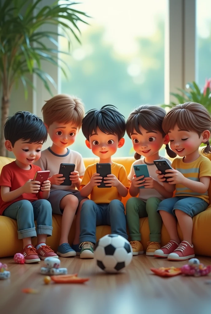5 boy's siting in bench and playing free fire. The time is day. Generate the image