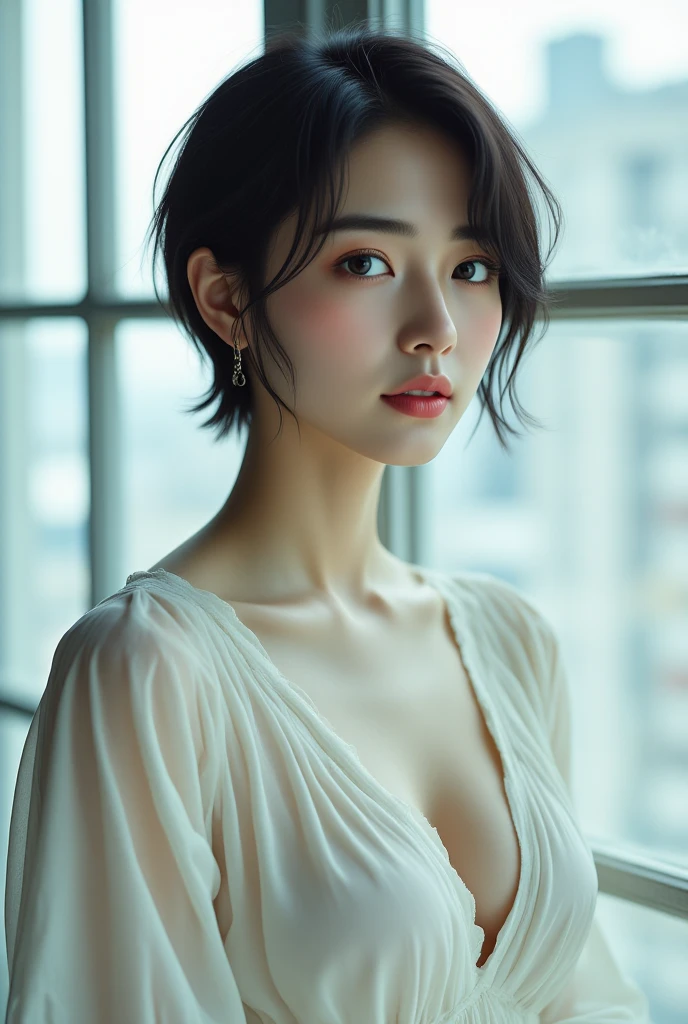best quality,masterpiece,Ultra-high resolution,(Realistically:1.5),RAW photos, Cat ears,Lovely,In the light,Deep Shadows,Low profile,Cold Light,Sexy look,short hair
