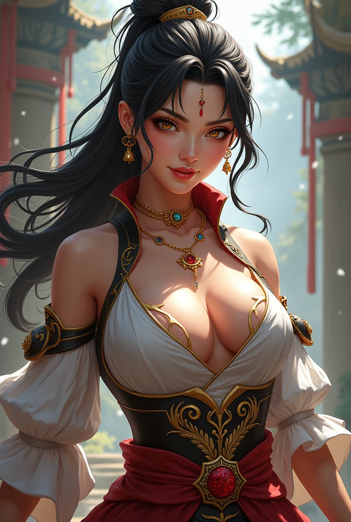 Open your lips and smile widely, Beautiful animated full body glamor portrait of Kunoichi, goddess, huge tits, mischievous smile, Looking lovingly at the viewer, Long hair in a ponytail, black hair, amazing purple eyes, smokey eye makeup, anatomically correct, Mid-20s, posing for the camera in a very detailed hidden lagoon, mountain background, standing attack posture, Ahh. studio lighting, detailed skin, extremist, realistic, sharp features, very detailed. sharp focus, natural skin, natural skin texture, underground spawning, muted colors, skin pores, perfect face, perfect eyes, perfect lips, flexible female form, vivid, cinematic, film light, very detailed, Hyper-realistic, masterpiece, atmosphere, high resolution, vibrant, high contrast, dark angle, 8 thousand, HDR, 500px,