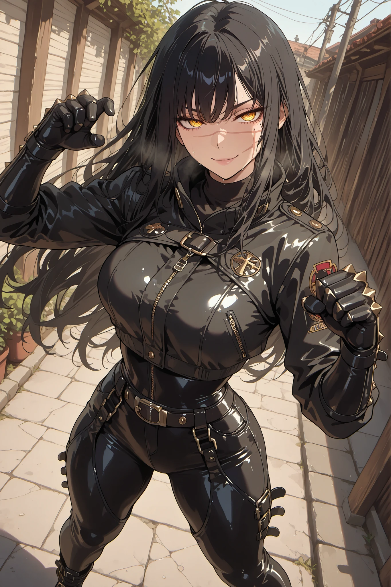 1girl, yoru, scar on cheek, cross scar, long hair, black hair, yellow/red eyes, ringed eyes, seductive look, sweat, belt, gloves, pants, long sleeves, zipper, buckle, turtleneck, jacket, cropped jacket, belt buckle, gauntlets, chaps, bodysuit, platform shoes, standing, outdoors, in the garden, looking at the viewer, detailed hands, fighting pose, happy smile, attractive, seductive, sensual, dynamic angle, dynamic pose, best quality, masterpiece, ultra detailed, very aesthetic