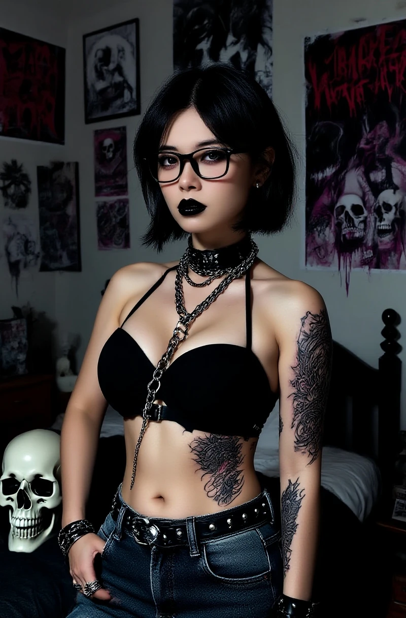 Thick ((demonic)) tattooed woman, ((small breast)) , holding a crow