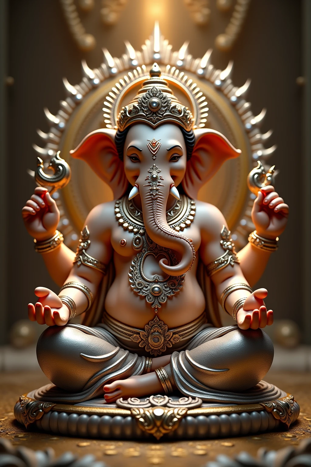 Create an image of Mayurehwar ganpati it should be carved in stone like other statues that are in temple of  Ashtavinayak not like this just a cute one this has details not like this just an orange  stone statue of every other Ashtavinayk