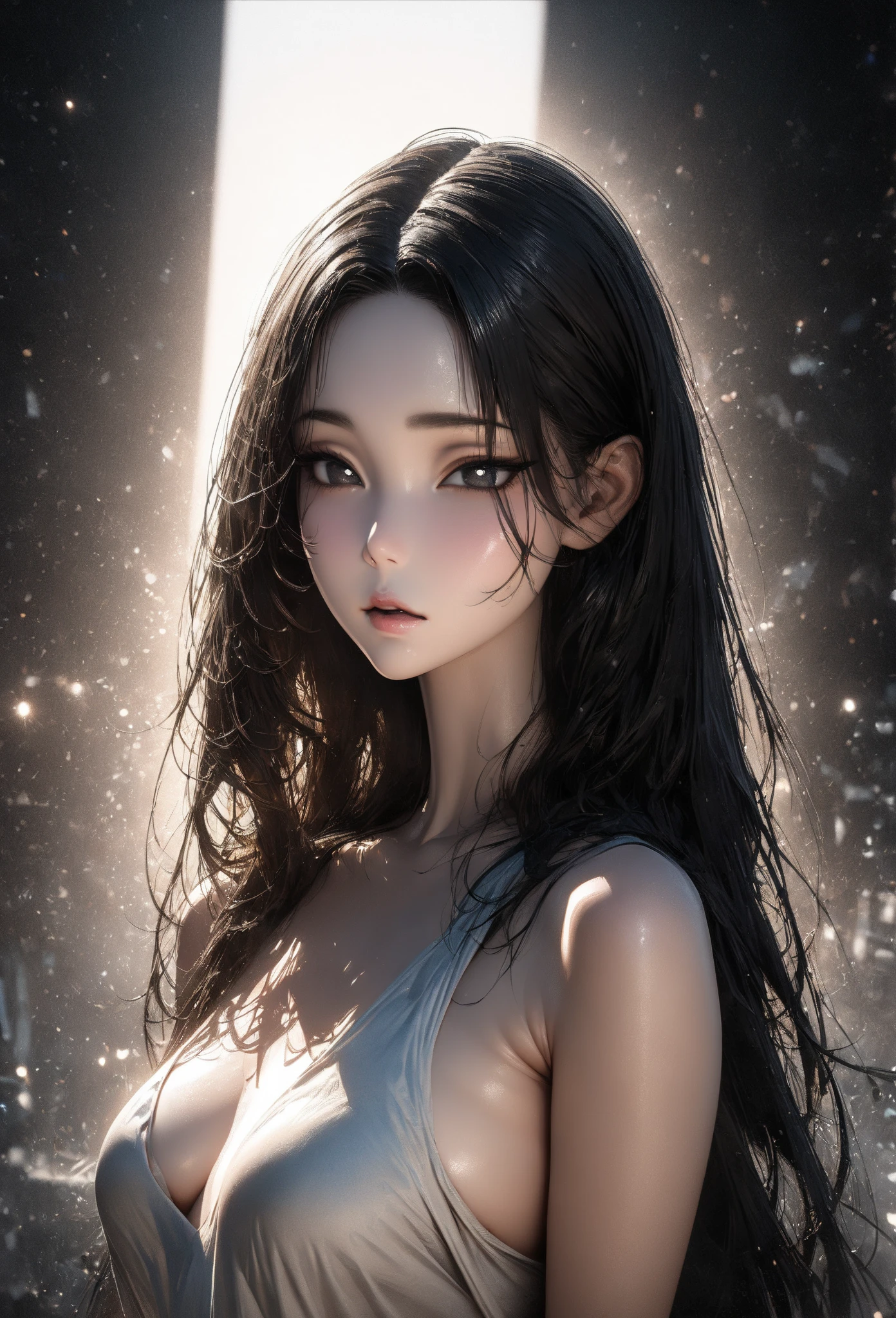 A 25-year-old Indonesian woman with long, flowing black wavy hair that cascaded down her shoulders, big, expressive eyes framed by thick lashes, full, luscious lips (one of which was caught in the act of biting), large, ample breasts with protruding, sensitive nipples, and a curvaceous figure, stood by the riverbank. Her radiant, clean white and glowing skin was reflecting the sunlight, making her appear ethereal in the hyper-realistic, hyper-detailed 16K ultra HD photography setting. The fine lines and pores on her face were clearly visible, emphasizing her youthful beauty. Her wet