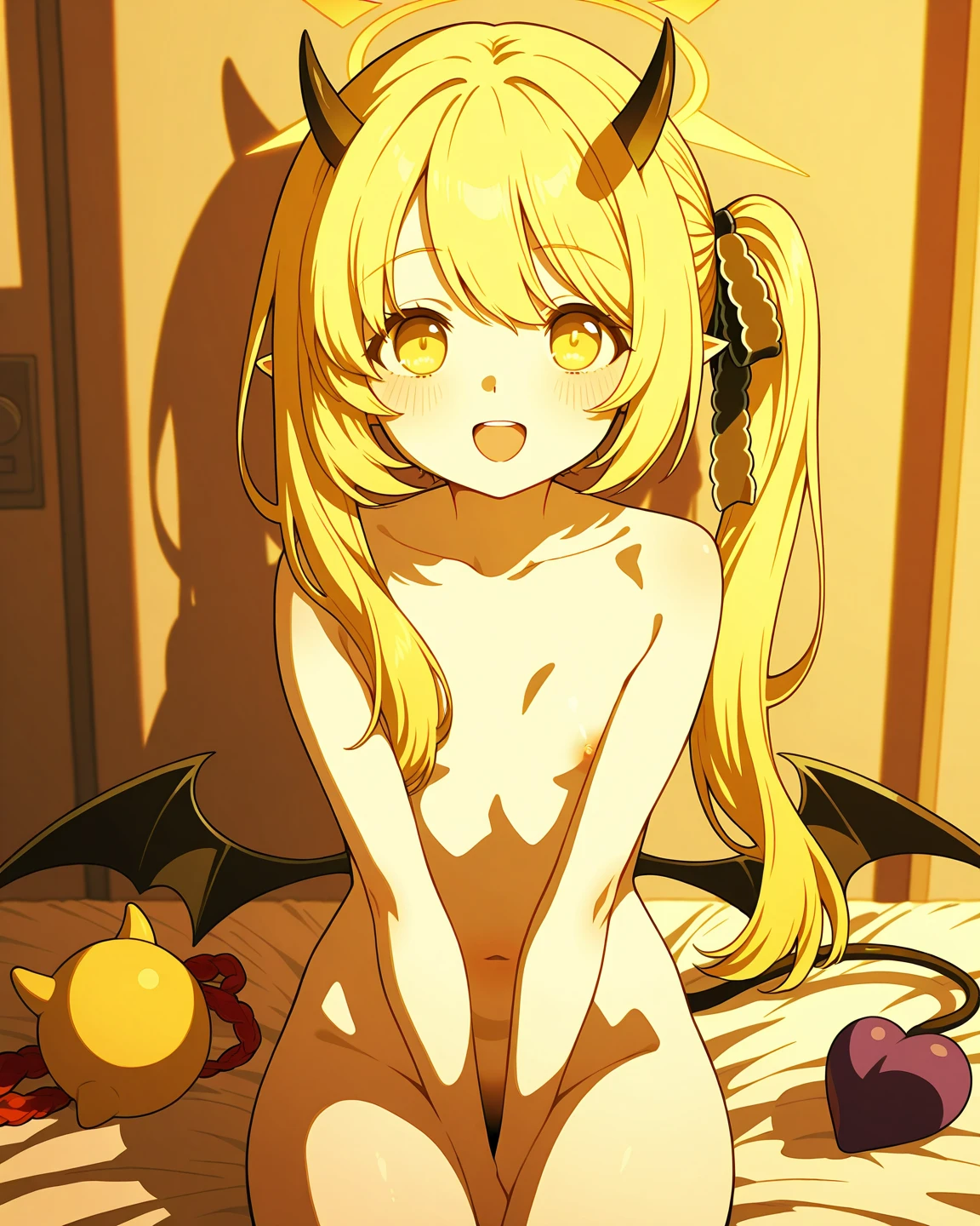 1girl, ppgzmmk, long hair, blonde hair, hair bow, blunt bangs, ponytail, red eyes, bright pupils,masterpiece, expensive quality, very_expensive_solve, big_file size, full color,(completely nude:1.2),pussy,niplles,