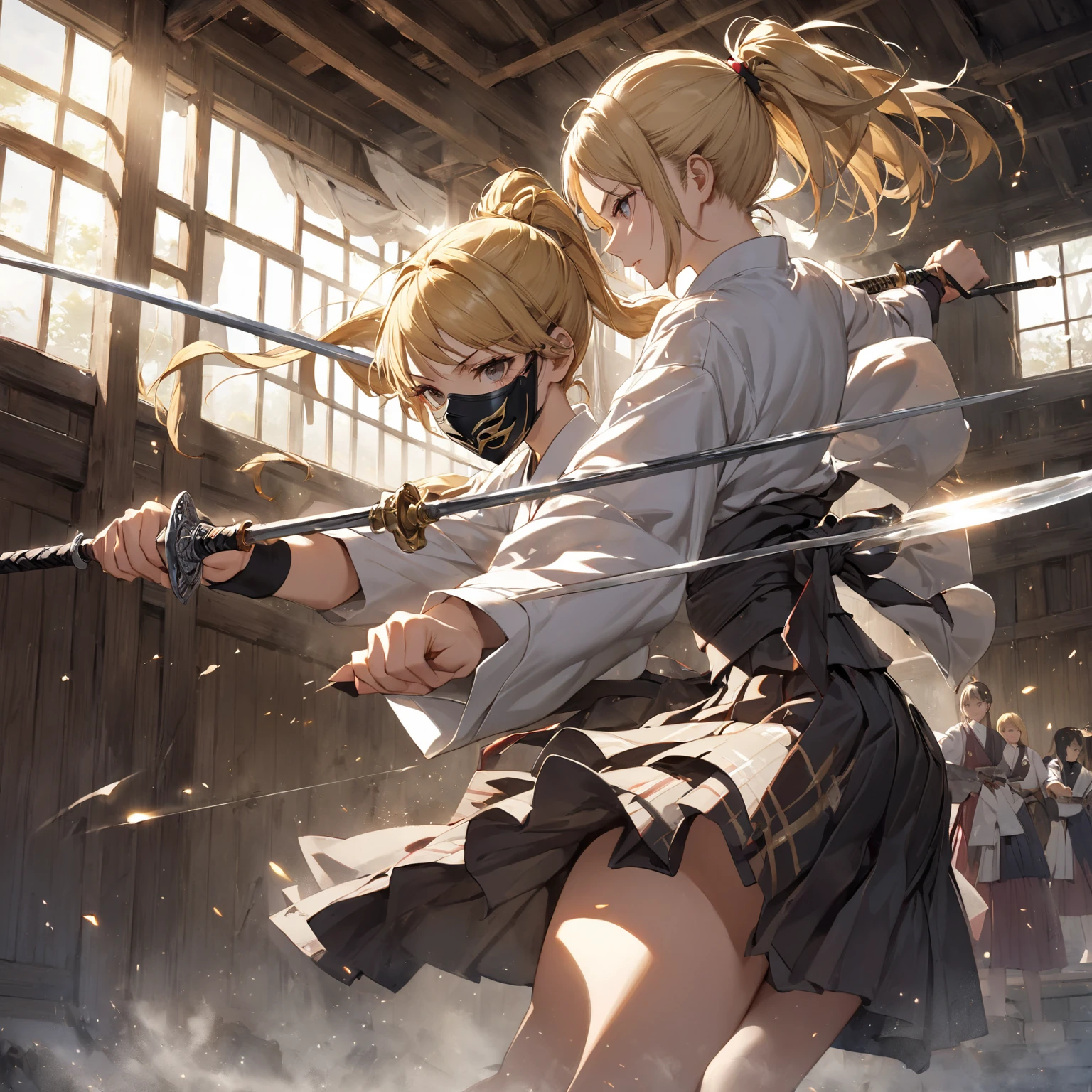 Full body shot from head to feet, two adult female character from Koihime Enbu. A scene depicting a deadly duel between Kanu versus Choun, both expert swordswomen, with the fight reaching a climactic moment of truth. Choun takes a lethal blow and succumbs to her injuries, leaving Kanu as the sole victor in this high-stakes battle. Kanu and Choun have different long loose hairstyle. Kanu wear sleeveless kimono, obi tied on the back hip, black long gloves, medium skirt, and black thigh highs. Choun wear sleeveless kimono, obi tied on the back hip, black long gloves, medium skirt, and black thigh highs. Background set on lush forest, with no effect.