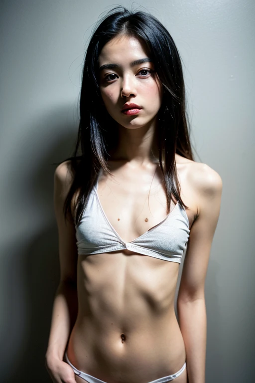  ((best quality)), ((masterpiece)), (detailed), NSFW, small breasts, prominent collarbones, skinny arms, flat stomach, visible hip bones, long hair, red hair, white hair, blonde hair, dark hair, ponytail, thick ponytail, heavy ponytail, Realistic Shadows, Detailed skin, Very small breasts, Hair Ribbon, Very detailed, highly detailed face, Perfect face shape, Perfect lips, Perfect nose, Correct beautiful eyes, Watching Viewer, Best Quality, Single Girl, No bra, No panties, Solo 