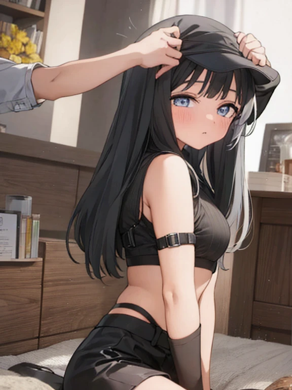 masterpiece, highres, solo, 8k, detailed, perfect face, (ultra high quality), looking viewers, collar bones, armpit, medium breast, cleavage, black hair, long hair, blue eyes, belly, stomach, navel, crop tanktop, denim short, mini short, slim body, smile, blush, thigh