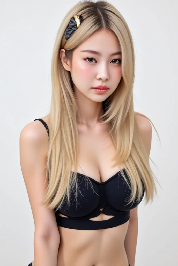 Busty Korean woman posing with her legs spread、Red lips、Beautiful Face、Blonde Hair　K-Pop Idols