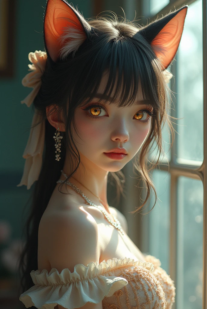 Ultra-realistic 8k CG, masterpiece, ((Ultra detailed background, delicate nature, Intricate details, Ultra detailed legs), best quality, Intricate detailss, Chromatic Aberration, beautiful skin, very beautiful girl, black kitsune ears and wiggeling tail, in fest standing in a seductive pose, candles around, white silk sexy panties, Large-size Off-shoulder shirt, See-through orange shirt, sexy breasts, long hair, messy curly hair, black hair with bright red highlights, strikingly beautiful orange eyes with sparkles, symmetrical eyes, Dim Lights, Full body, nipples, masterpiece, best quality, front view, realistic, intricate details, by Greg Rutkowski, by Alphonse Mucha