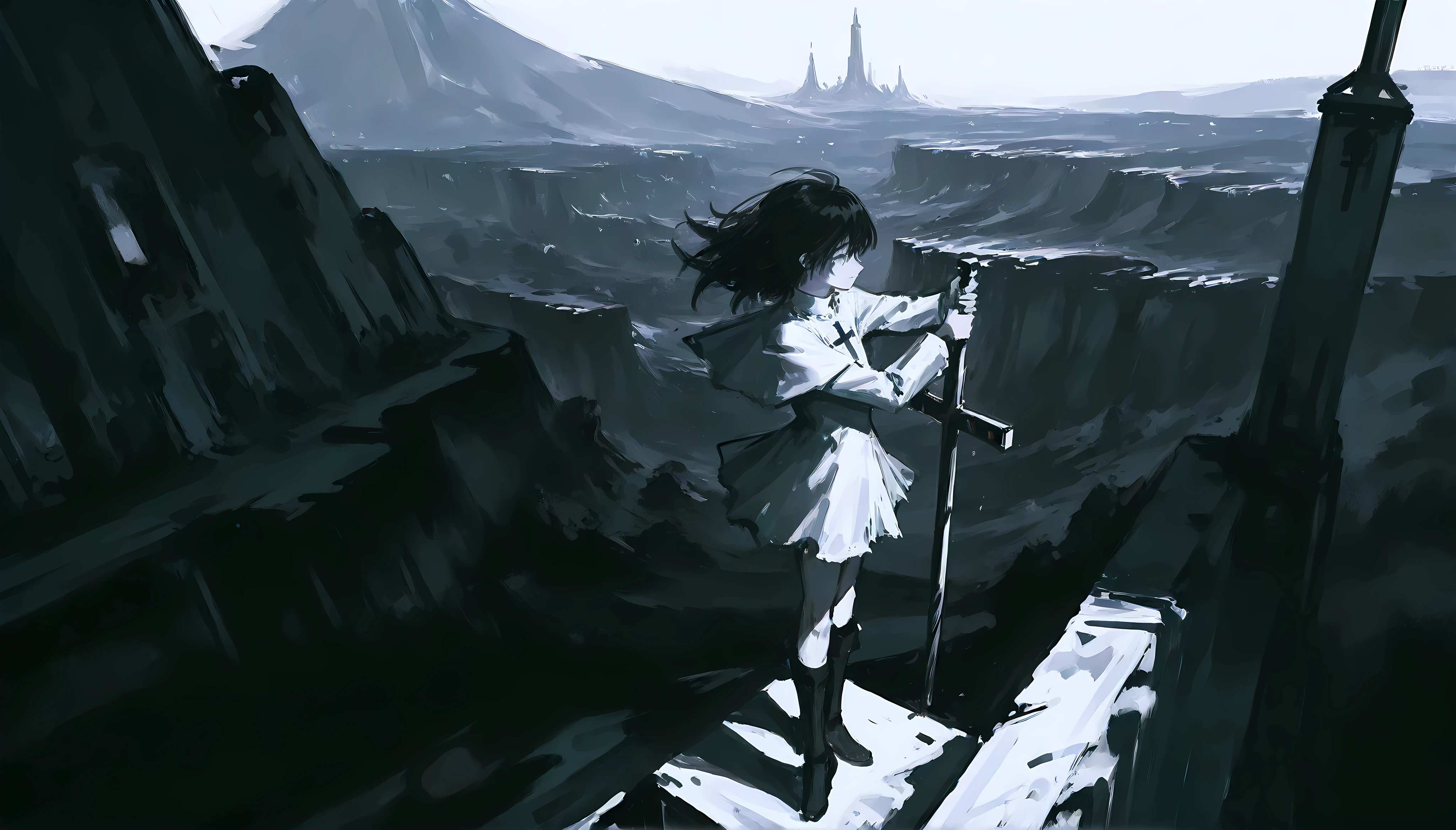 (1girl:1.5), conceptual black and white manga illustration, high contrast ink drawing, wide frame. A lone woman stands exactly at the edge of a colossal, jagged cliff, facing the abyss, with her arms fully outstretched to the sides in a crucifix-like pose, as if surrendering to the void. She wears a long, tattered dress that clings to her form and flutters behind her in the silent wind. Her long black hair is wild and fragmented, blown back in sharp, ink-splatter strands that seem to unravel into the air. The perspective is from behind and slightly below her, clearly revealing the sharp drop of the precipice directly beneath her feet, and the endless, white-blank void stretching beyond. Black particles rise subtly from the edges of the cliff and from her dress, giving the impression of her dissolving into the nothingness. The scene conveys perfect stillness — she hasn’t jumped, but she will. There is no sky, no background — only the woman and the cliff suspended above the abyss. A single beam of cold light falls vertically from above, casting her shadow long across the rocks, emphasizing her smallness and solitude. The entire image is symbolic, haunting, and spiritual — a moment of decision frozen in time. Black and white only. No grayscale. Atmosphere of existential sorrow, isolation, and spiritual silence.