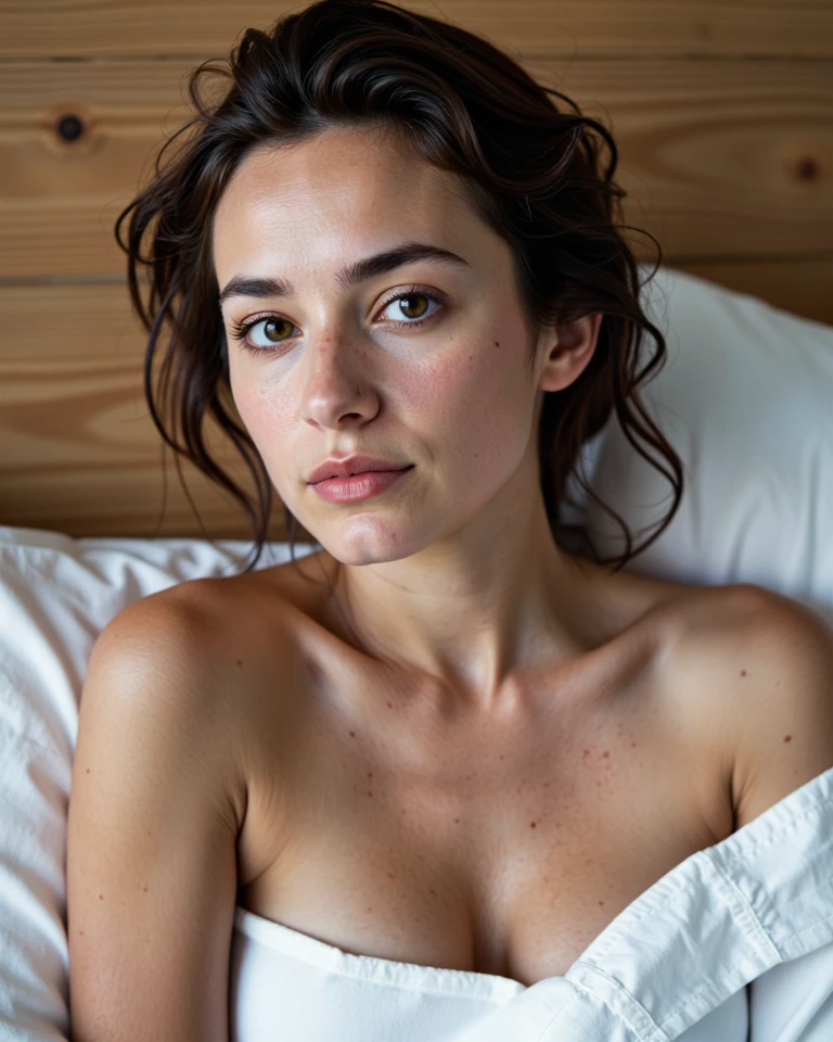 (Skin texture), Super high res portrait photo of a woman , wearing nothing,f /2.8, Canon, 85mm,cinematic, high quality, skin texture, looking at the camera,  free hair,,in bed,  brunette