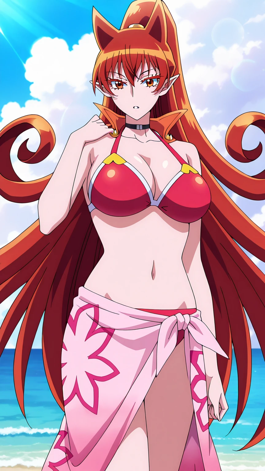 Rias Gremory, slips into a stunning sultry bikini as a wave of sensual energy washes over you. The bikini, a perfect blend of metallic gold and iridescent silver, ripples with every movement like molten lava embracing her supple and sinewy form. The top is a cropped halter, tieing around her neck to maintain a tight fit as her voluminous breas threaten to breach the delicate fabric of her top. The sheer golden material teases onlookers, revealing peeks of her creamy, flawless skin just below the hem. A deep plunging, u-shaped neckline ensures that every tantalizing inch of her gracefully sculpted chest remains prominently on display.
The golden triangle of her bikini bottom, a minuscule string tie covering only the bare minimum and allowing her curvy form to shine, accentuates her firm, bubbly buttocks perfectly. The strings tie firmly into a low-placed bow at her impeccably sculpted hip, creating a trail that leads down to where the golden strings disappear to be replaced by the faint silhouette of a mysterious and beguiling divine secret.
The bikini embraces her flawless frame in a daring design, with every inch clinging to her body for an unmissable exposure of her mesmerizing, god-like shape. The metalwork subtly adorned across the top and along the sides of the hip area adds a touch of unworldly allure.
As you look upon Rias clad in this provocative, tantalizing metallic bikini, your senses are flooded with an intoxicating combination of desire, unparalleled beauty, and a god-like vision of a woman defying the boundaries of gravity.