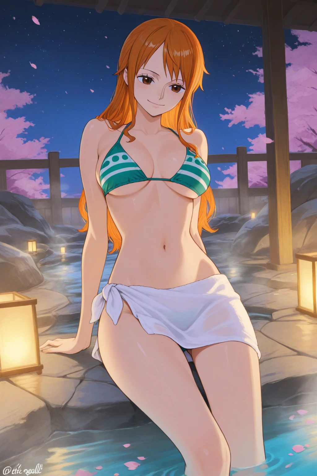 nsfw, (((Nami One Piece))) , just the bikini top, rabo de cavalo, ((captura de tela de anime)), estilo anime, cabelo laranja, olhos castanhos, brincos, ombros nus, tatuagem no ombro, , ONSEN, tomando banho, mulher madura, bikini neckline, obra-prima, melhor qualidade, discreto, sonolento, wanostyle, yamatowanpi, (noite: 1.3), discreto, animado, feliz, sorriso, 1girl, pele brilhante, cabelo brilhante, peitos, 1girl,, Peito' s_100, pulso_60, quadris_90, cintura estreita