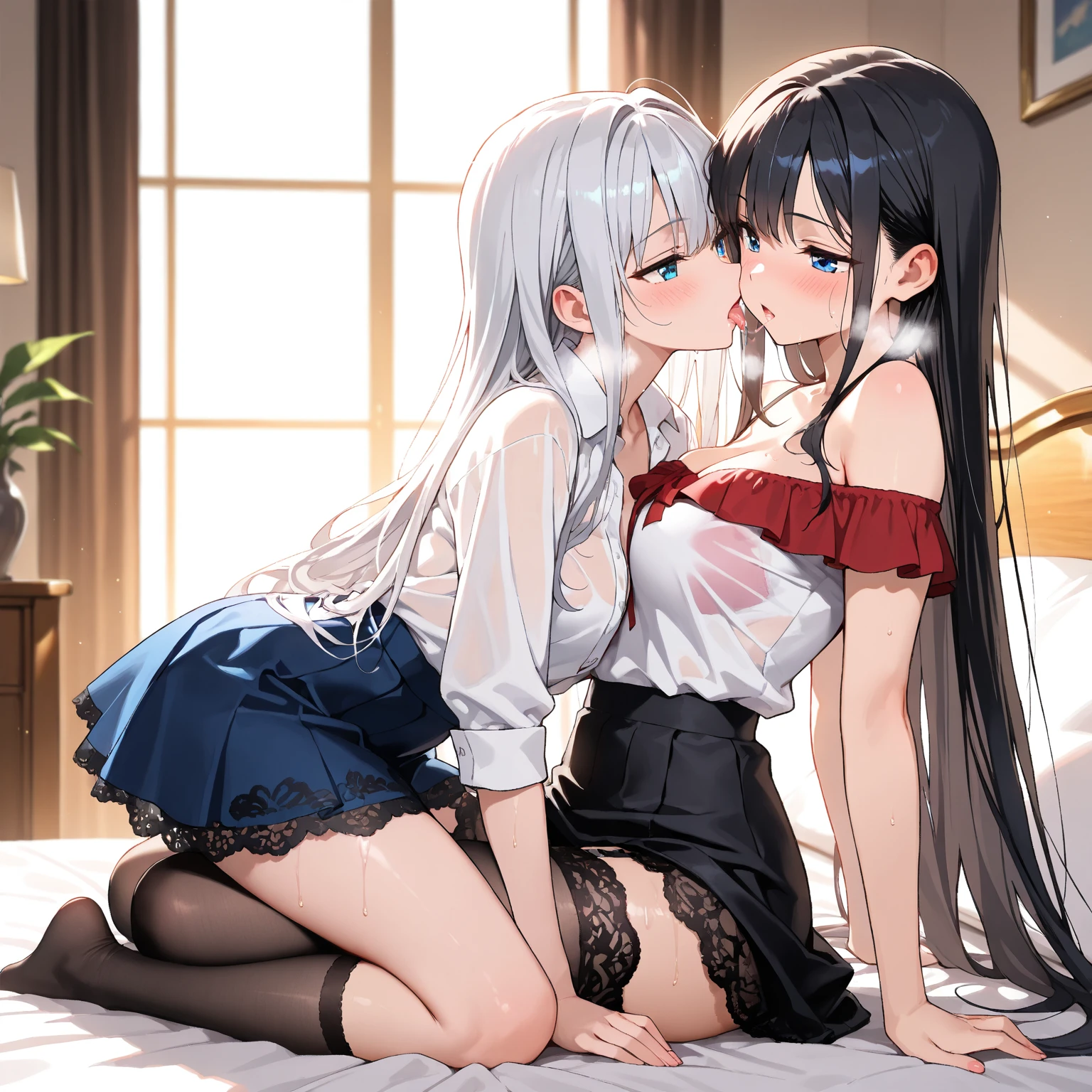 2 girls, (Two girls stripped naked:1.2)、locker room、evening、Embrace each other、Both of them naked,((kiss:1.1))、 Highest quality, High resolution, masterpiece、smile、(2 girls),(Beautiful Eyes、Detailed Description、Pay attention to detail、masterpieceサイドライト、masterpiece、Highest quality、Get used to it、High resolutionのイラスト),Delicate makeup、Soft focus ground bokeh、(Highest qualityのイラスト:1.2),, (Black socks:1.4),Two shining white breasts,Rubbing each other,Shiny buttocks