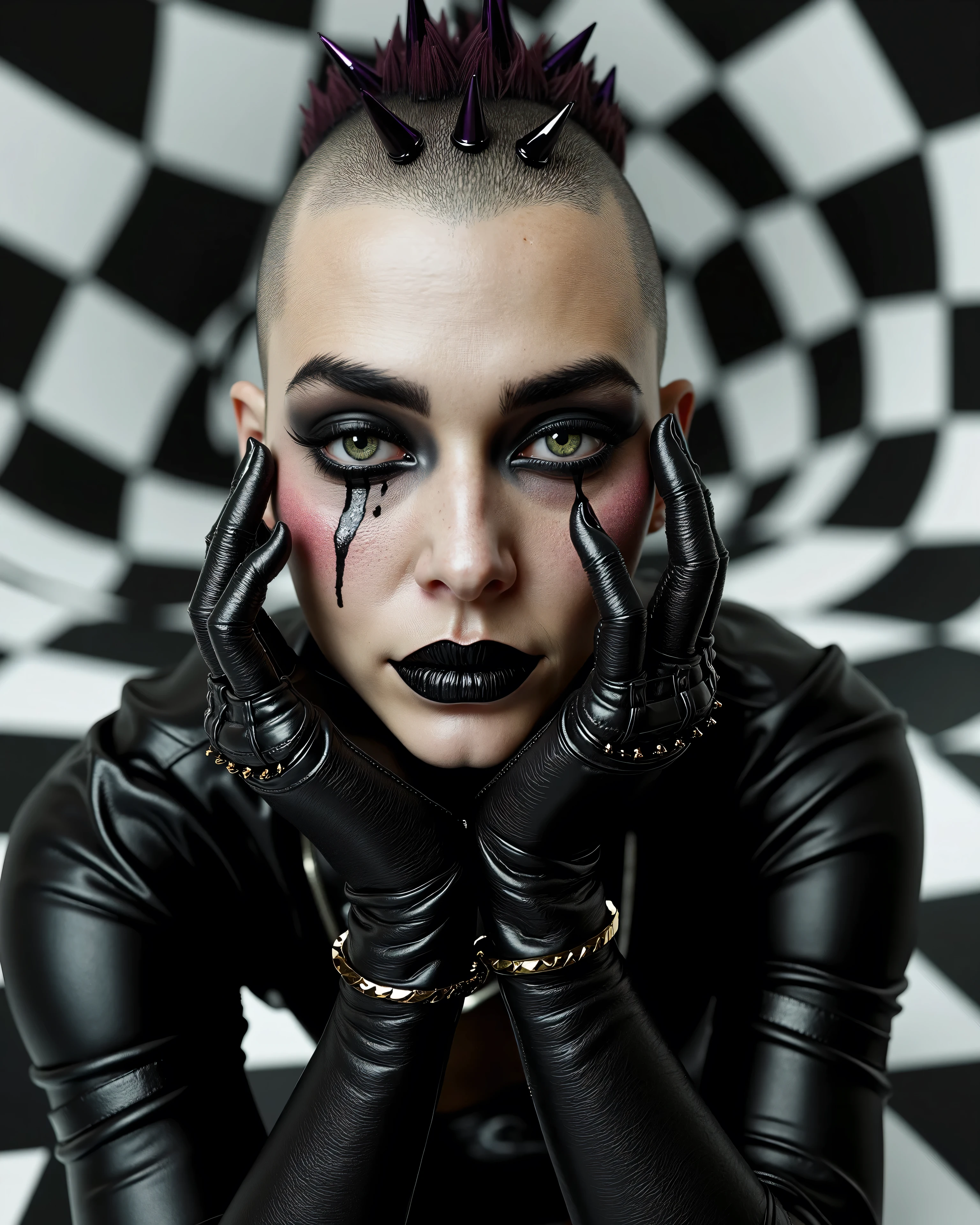 In an environment like a checkerboard: A surreal work that represents a close-up of a beautiful top model, Nordic female fashion model. The beautiful punk metal woman wears black leather clothes and spikes with huge platform boots that combine intricate details with abstract and geometric shapes, The crazy faces are very expressive, with a surrealistic structure. The person wears black and white striped clothing that combines intricate details with abstract and geometric shapes and a shaved head, The background has a kaleidoscopic effect with black and white patterns. The general environment in their heads is dreamy, that turns the uterus upside down