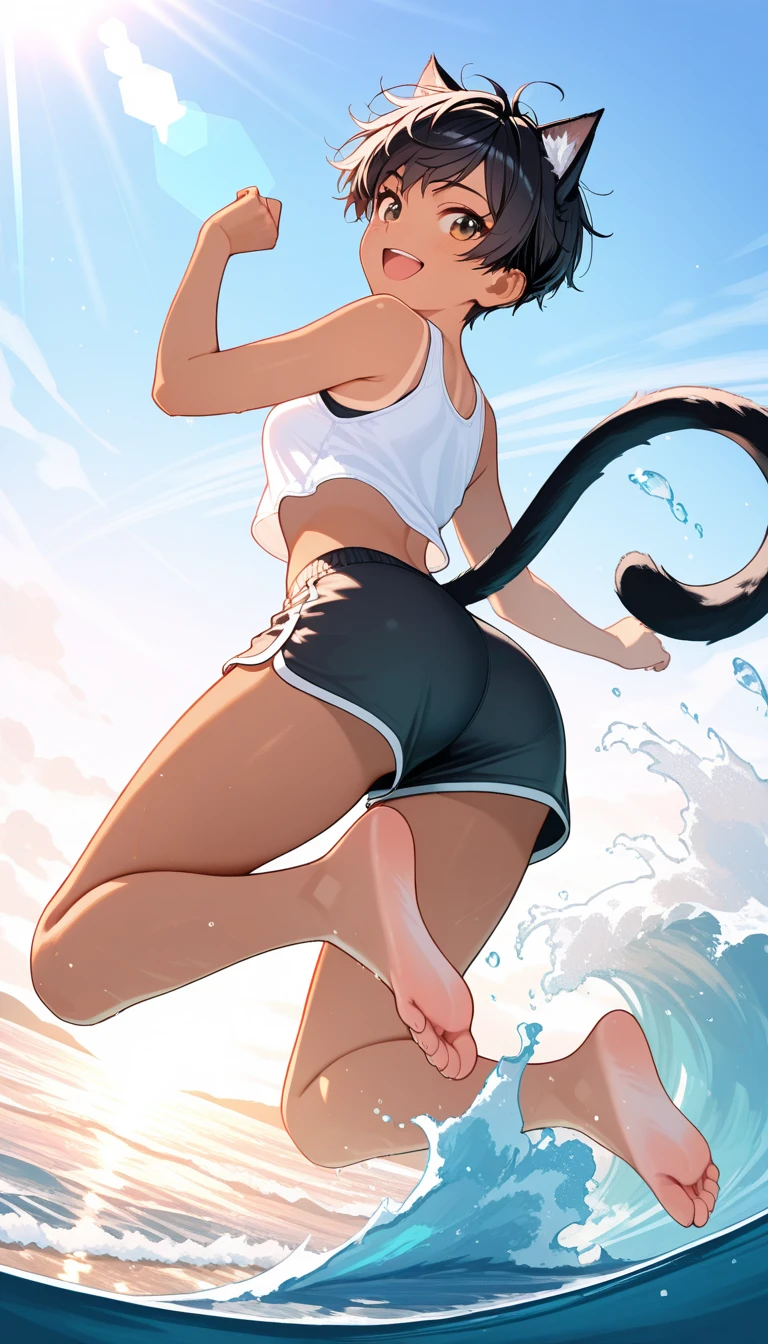 (high resolution, full body, soft skin:1.2),(best illustration,masterpiece:1.2),ultra-detailed,[(cat ears , gray inside:1.2, brown cat eyes, rainbow long hair, large breast),vivid colors,sharp focus,portrait, beach lighting,bokeh, wearing a tan bikini, waterfront background, smiling, back turned, kneeling
