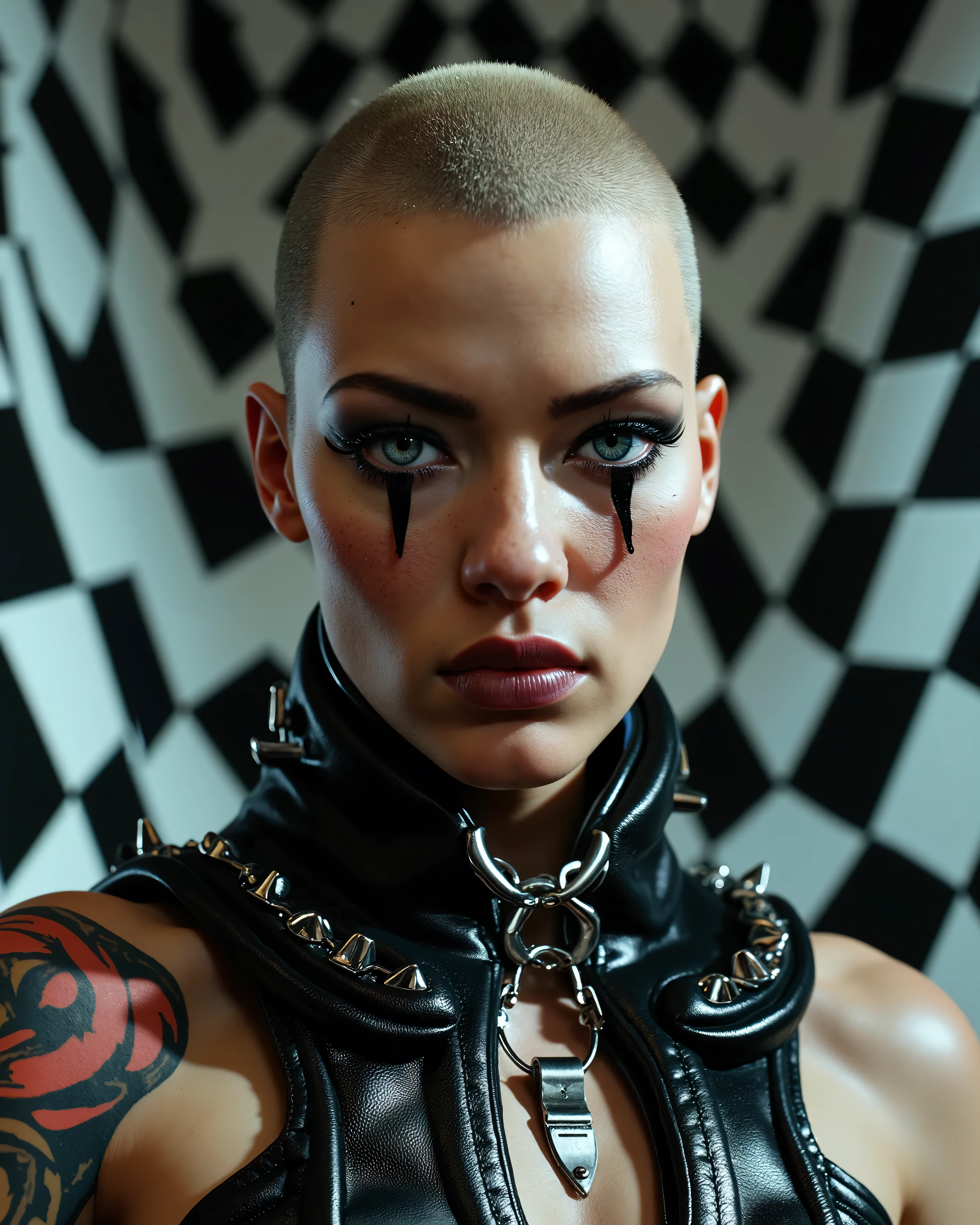 photorealistic:1.2, close up, a rock girl in very tight shorts, portrait, full body shot, avant-garde  clothing, dark lipstick, with short spiky violet hair, slim athletic body, confident expression, punk style,   art, playboy,  atmosphere, provocative pose, dynamic lighting, vibrant colors, ARRI ALEXA 65, 50mm lens