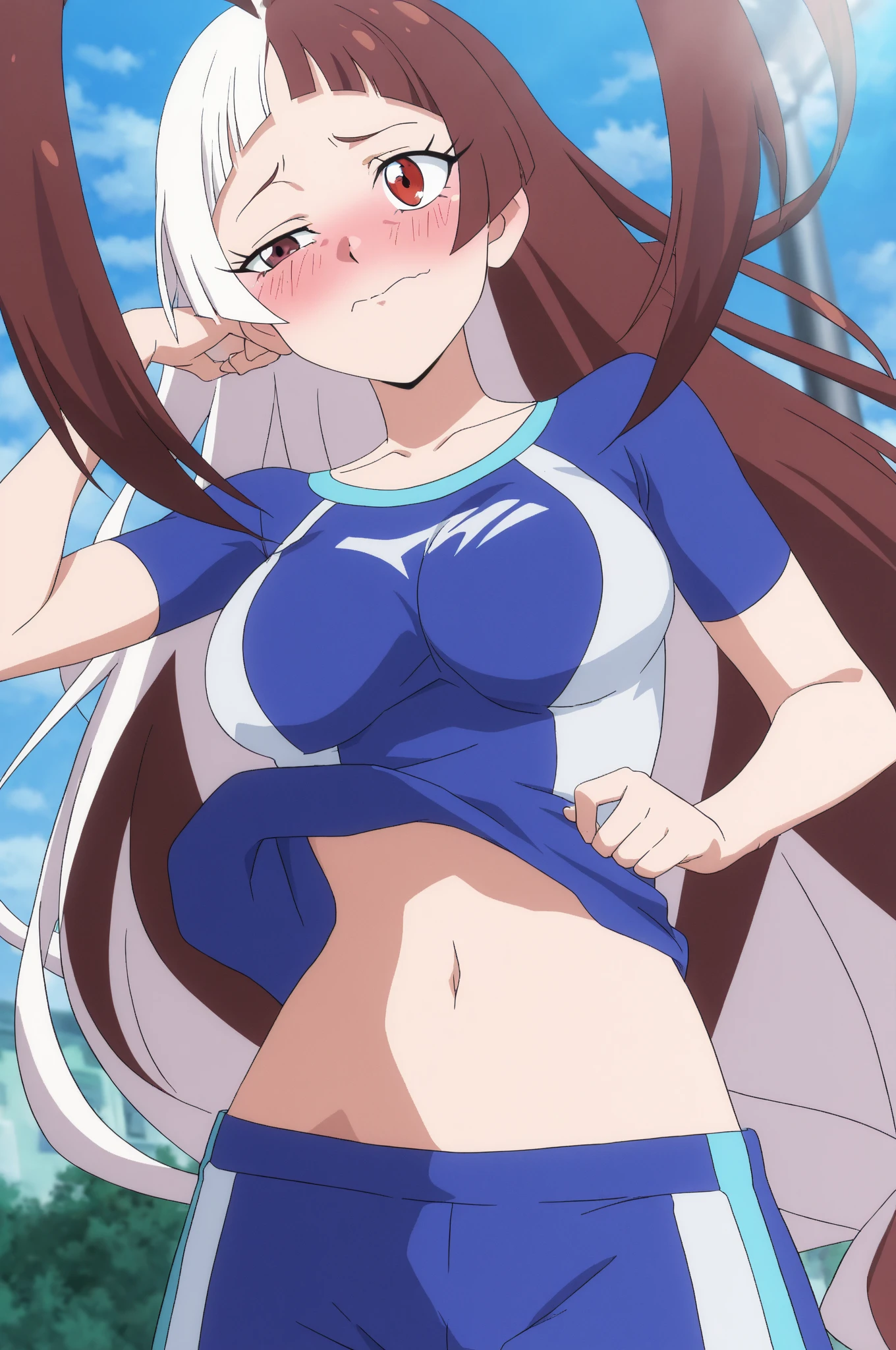 Silver Hair、Grey Eyes、Twin tails、topless、Flat Chest、Short、Tank top、hot pants、Groin、Show Pantieasterpiece、High resolution、highest quality、Detailed face、Anime Moe Art Style、abdomen、Belly button、Cowboy Shot、A big smile、Outdoor、healthy、Puffy nipples、anime best girl, cute anime girl