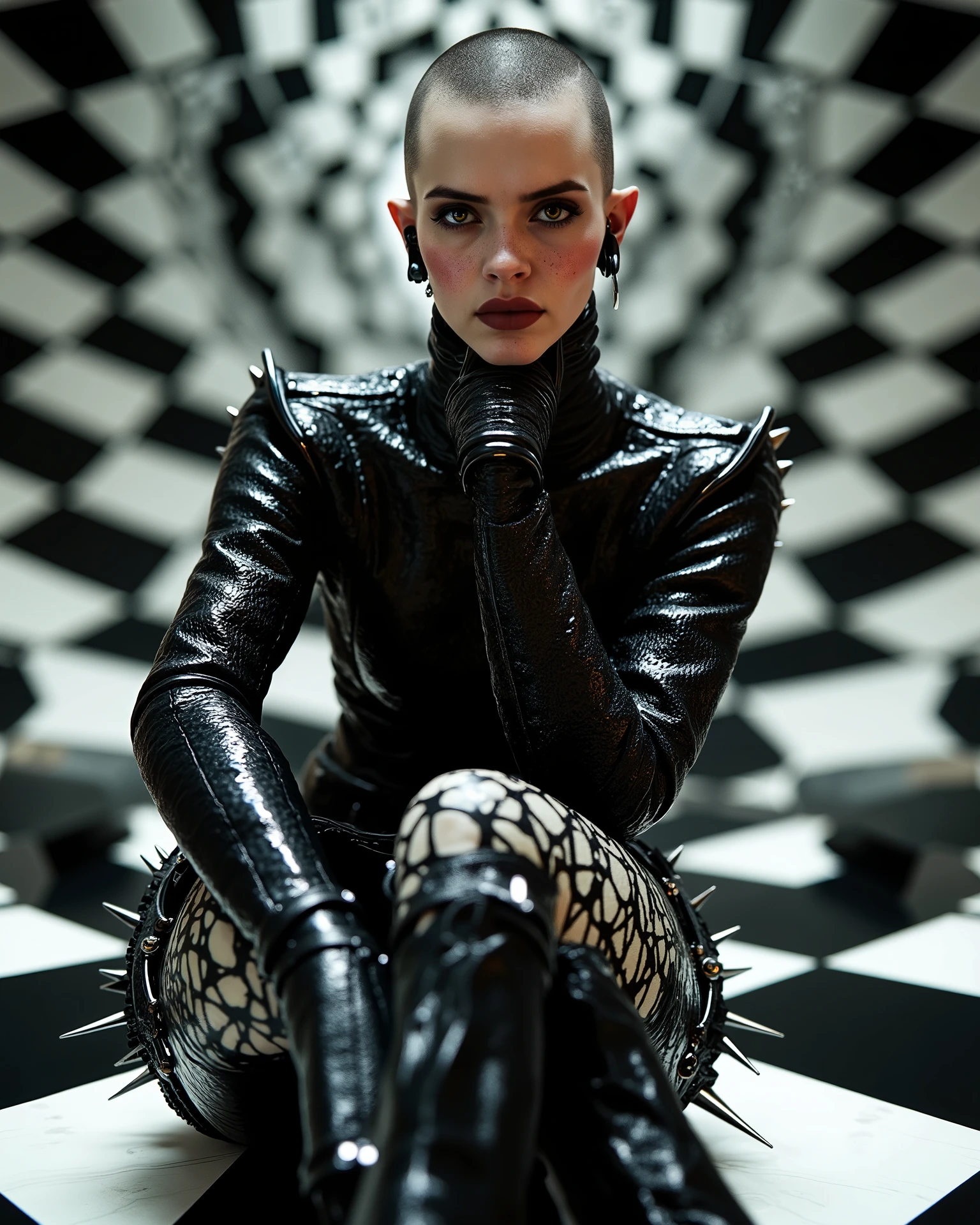 In an environment like a checkerboard: A surreal work that represents a close-up of a beautiful top model, Nordic female fashion model. The beautiful ARISTOCRAT punk metal woman FROM VERSAILLES wears classic black Victorian clothing and spikes with huge platform boots that combine intricate details with abstract and geometric shapes, They wage a water war with water guns, The crazy faces are very expressive,, with a surrealistic structure. The person wears black and white striped clothing that combines intricate details with abstract and geometric shapes and a shaved head, The background has a kaleidoscopic effect with black and white patterns. The general environment in their heads is dreamy, that turns the uterus upside down