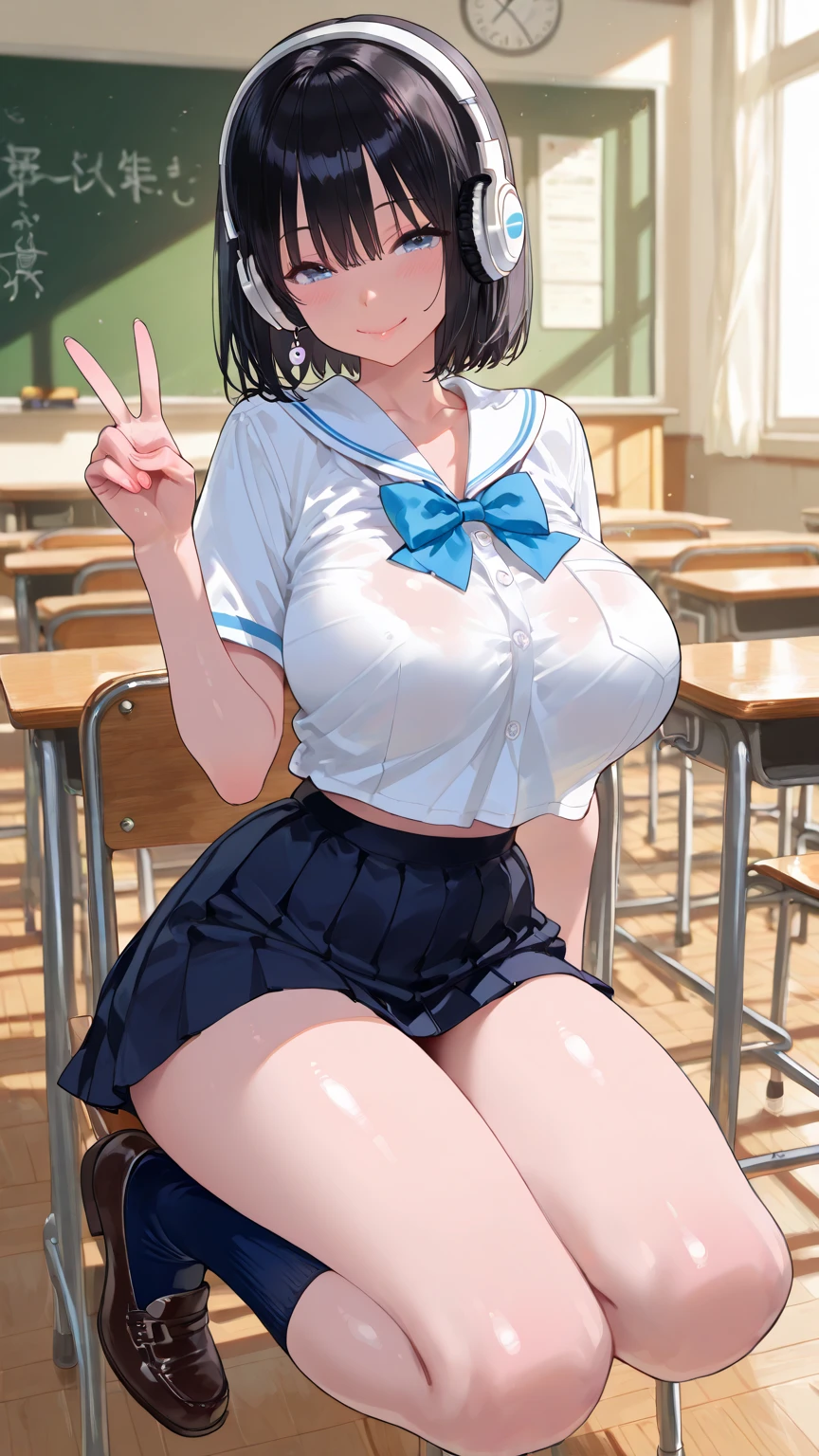 (masterpiece、Highest quality)、Beautiful illustrations、Staring at the audience、Beautiful thighs、Front view、((1 Girl))、Mature 、She looks like a 25-year-old high school girl.、Shiny skin、(Short Hair)、Big eyes、Long eyelashes、Very tall、 Beautiful Hair、Beautiful Face、Beautiful Eyes、 Beautiful breasts、Beautiful thighs、Beautiful feet、Beautiful fingers、(((Brown knitted vest、Short sleeve white collar shirt、Navy Pleated Skirt)))、((Red bow tie))、(In the classroom)、Are standing、((smile))