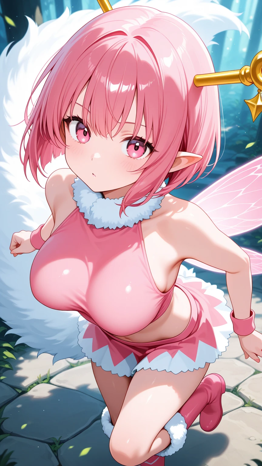 forest fae,a pixie cut,(((fairy wings:1.3))),(((The light of the orb envelops the fairy:1.3))),Deep in the forest,Sunlight,(((an animated character:1.3))),Anime-like fantasy world,(((Girl sitting:1.3))),(((reaching out her hand:1.3)),,Floral hair ornament,,Disturbance of clothing due to movement,breast slip,(((emphasizing breasts:1.3))),(((Enhance your driving motion with motion blur effects:1.3))),(Dynamic angles),(Dynamic and sexy poses),(bending forward:1.3),Colossal tits,Blush with embarrassment,Enraptured eyes,A smile that beguiles the viewer,Dreamy,Professional Lighting,realistic shadow,Solo Focus,Beautiful hands,(((Accurate five-finger:1.3))),(((Detailed finger features:1.3))),detailed clothes features,Detailed hair features,(masutepiece,top-quality,Ultra-high resolution output image,) ,(The 8k quality,),(Image Mode Ultra HD,)