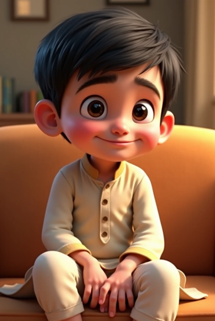  boy wearing kurta pajama white colour and setting on a sofa and smiling and too much too much gaps in him teeths and write Kherra and chikka in big letters in left or right