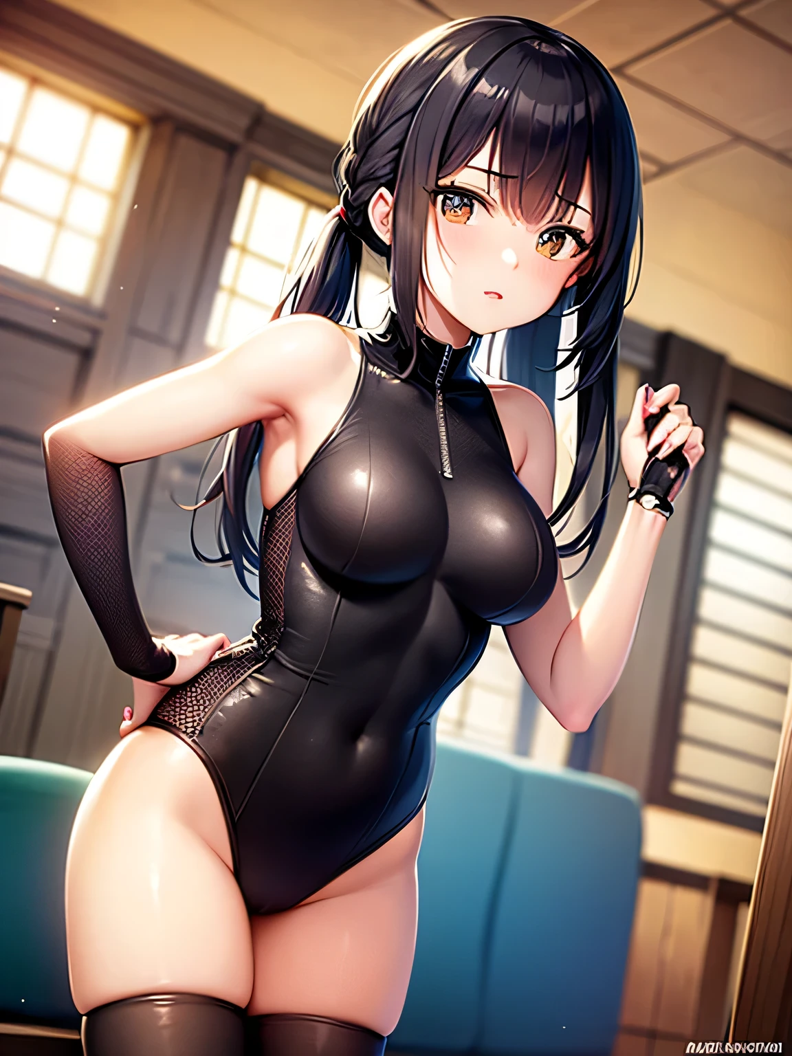 1 girl,Browsing Caution, ((Squat,Spread your legs, Sky fellatio)) ,(((Black bodycon dress,Black underwear))),((Evil costume)),Masaki Kyoko,(Yu-Gi-Oh),undefined,short hair, Brown Hair, hair ornaments, high ponytail, ponytail,(big 1.8), clavicle, Glowing purple eyes,Absurd, brainwashing,Hollow Eyes, ((Wicked Smile, Ecstatic expression)),avert your eyes , Full body portrait, (Field,Dim Alley),night, (highest quality、4K、8k、High resolution、Must have:1.2)、Very detailed、(reality、reality的なです、reality的な:1.37)、Ticker、Hyper HD、Studio Lighting、Ultra High Definition Paint、Sharp focus、Physically Based Rendering、Very detailed、Professional specifications、Vibrancy and color、Blurred、Sports portrait、landscape、Horror Style、Anime Big 、sf、photograph、Concept Artist、Five Fingers, Perfect body,  {{{masterpiece}}}, {{{highest quality}}}, {{Very detailed}}, {shape}, {{Very delicate and beautiful}},Improved cost performance、All Roles、Canon 5D MK4でphotograph、photograph, 