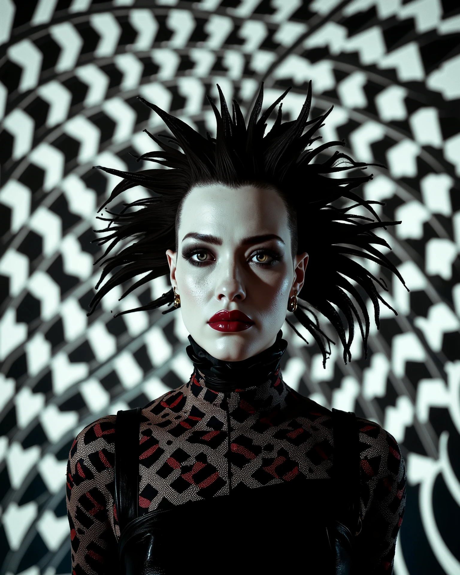 In an environment like a checkerboard: A surreal work that represents a close-up of a beautiful top model, Nordic female fashion model. The beautiful ARISTOCRAT OF VERSAILLES woman from 1703 wears classic Victorian gothic black clothing and spikes with huge platform boots that combine intricate details with abstract and geometric shapes, They wage a water war with water guns, The crazy faces are very expressive,, with a surrealistic structure. The person wears black and white striped clothing that combines intricate details with abstract and geometric shapes and a shaved head, The background has a kaleidoscopic effect with black and white patterns. The general environment in their heads is dreamy, that turns the uterus upside down. punk metal