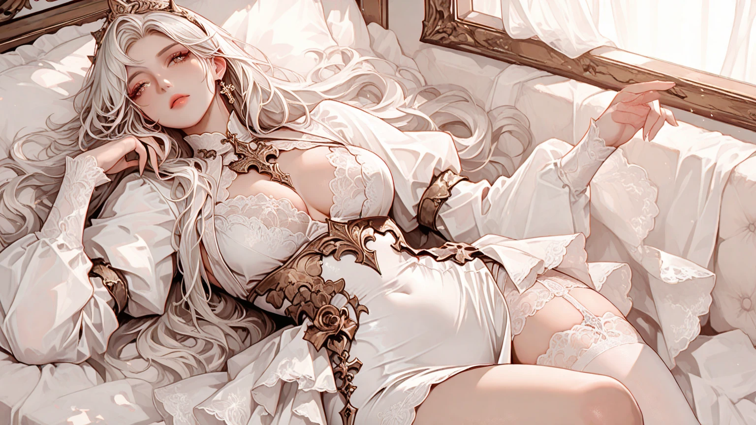 Medieval１People Girls、 Gold and silver embroidery、In underwear、Knee-length semi-transparent bloomers（With gold and silver lace）Wearing、Wearing a semi-transparent corset、 Grey translucent tights、Lying down