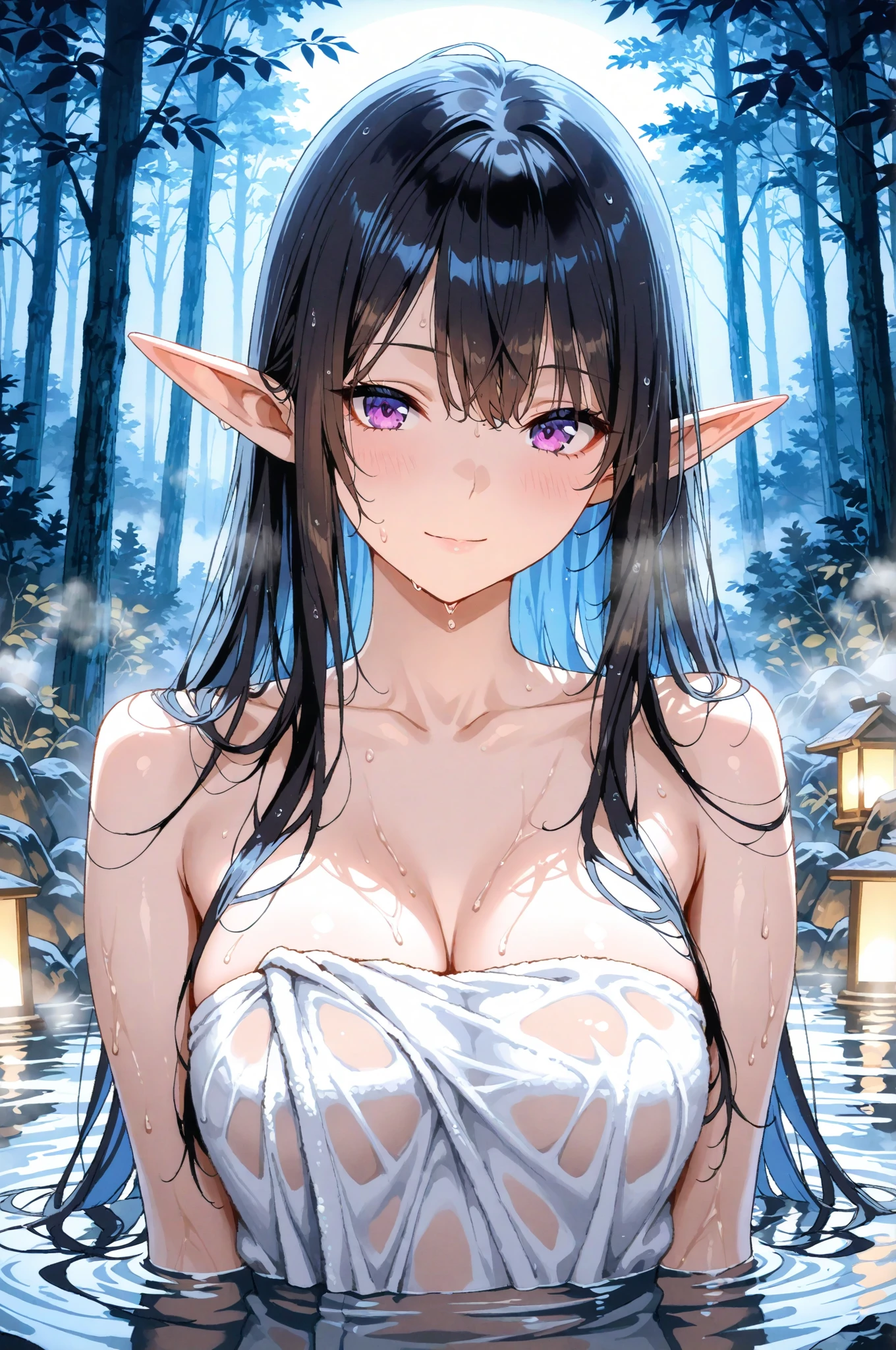 Realistic image, coherent image, detailed image, of 1 elf, in a nightgown. He has black hair, long hair. Turquoise eyes with long eyelashes. Sensual expression. She has a curvy body, medium breasts, thick thighs. Her legs are raised. She is at night with a starry sky. She is sitting on the grass. Front view. Bending over, arching your back. Dramatic shadows, atmospheric lighting, natural lighting. ISO:100, F1.4, --quality 2,