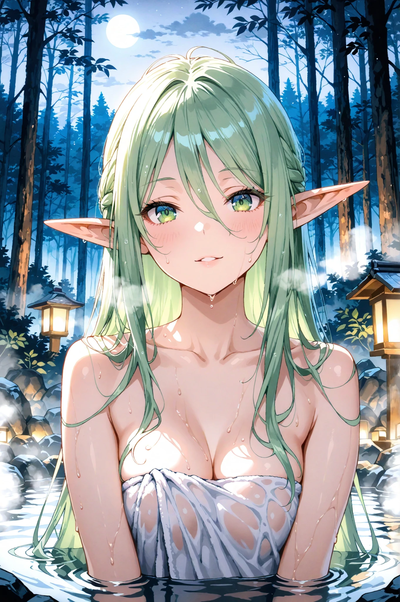 (masterpiece), (best quality), (ultra detailed), (Goblin), upper body, blushing, sexy look, apple tree, medium breasts, brown eyes, short hair, bright orange and yellow hair, detailed hair, soft braided hair, loose ponytail, detailed ponytail, close up, snowing, snowflake eyes