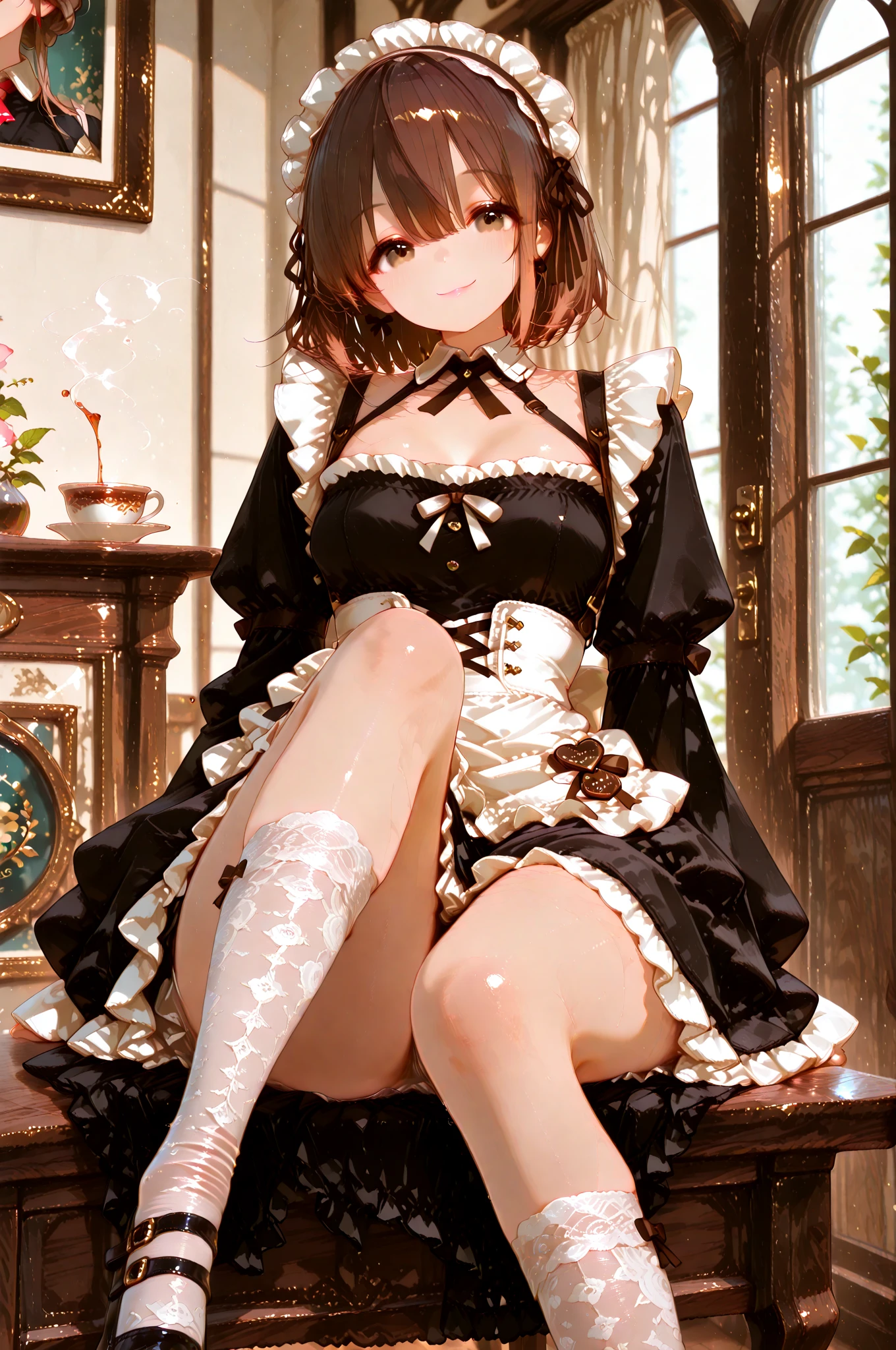 (((Horse Girl))), (((Fine Motion))), Thighs, sitting on a luxurious red sofa, (((Panties are slightly visible))), smile, Dress like a young lady, (((White underwear with green embroidery))), High resolution, The skirt is flipped up,