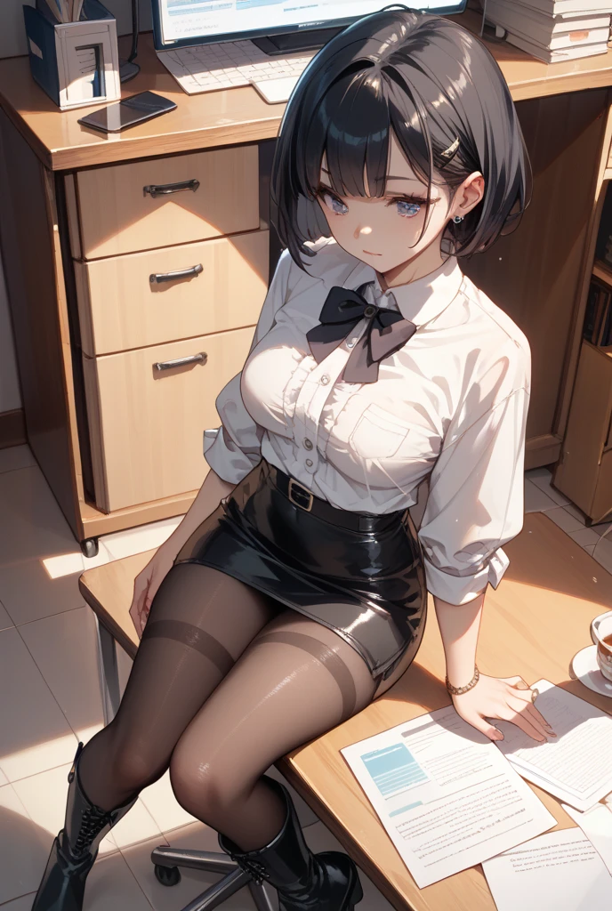1 Japanese girl, glasses, sitting, (lower body:1.2), angle from below, angle from the side, blush, (slim body:1.2), (huge breasts:1.1), (leggy:1.1), black hair, short hair, school uniform, white long sleeve shirt, pleated skirt, (black tights:1.1),
