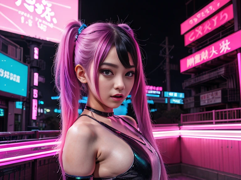 Sexy woman at a festival, fog, neon colors, with the girls
