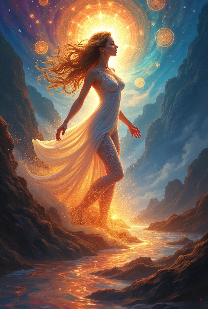((full body, )) ((splash Style, melted and blended with paint and water))Lady Sunshine. Woman with flowing hair, colorful, surreal, dramatic lighting, face, detailed, intricate, elegant, highly detailed, digital painting, artstation, ((in the beach style melted and blended with the seawater and sand, underwear outfit, sexy)). chalk, concept art, smooth, sharp focus, illustration, art by sam spratt, dan mumford, artem demura and alphonse mucha.( Background, cosmic ,stars, nebulas and clouds)