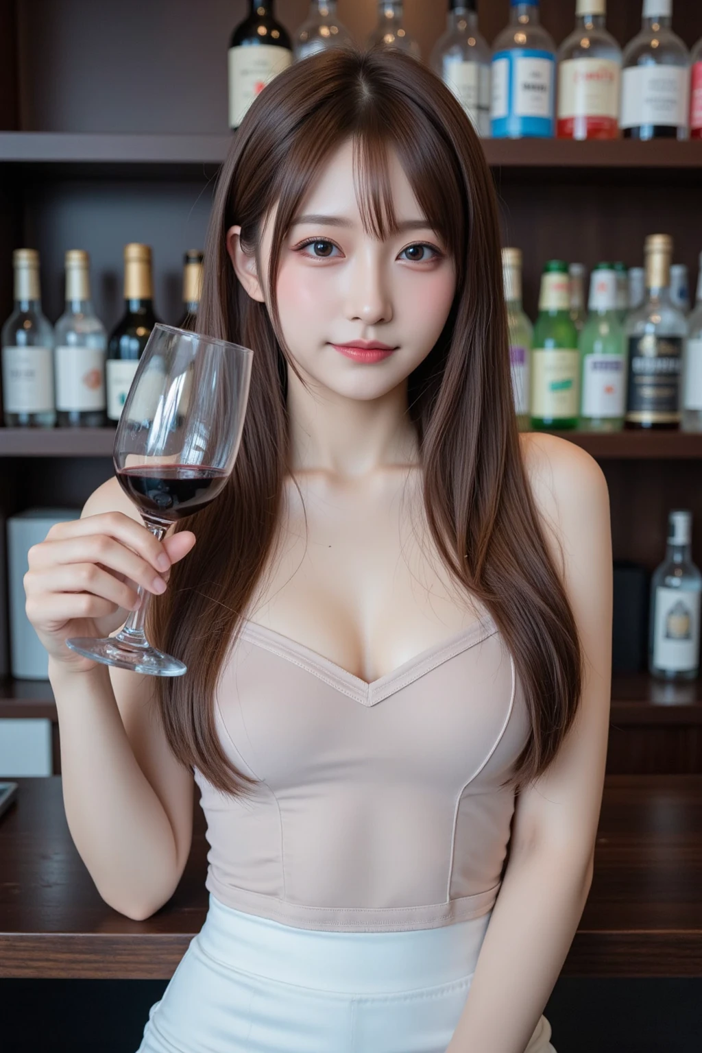 masterpiece, highest quality, figure, super detailed, finely, High resolution, 8k wallpaper, 完璧なダイナミックな構figure, beautiful and fine eyes, She is a hostess, natural lip color, dress , big breasts , whole body, in a hostess bar, sexy face, Have a glass of wine。、With bangs