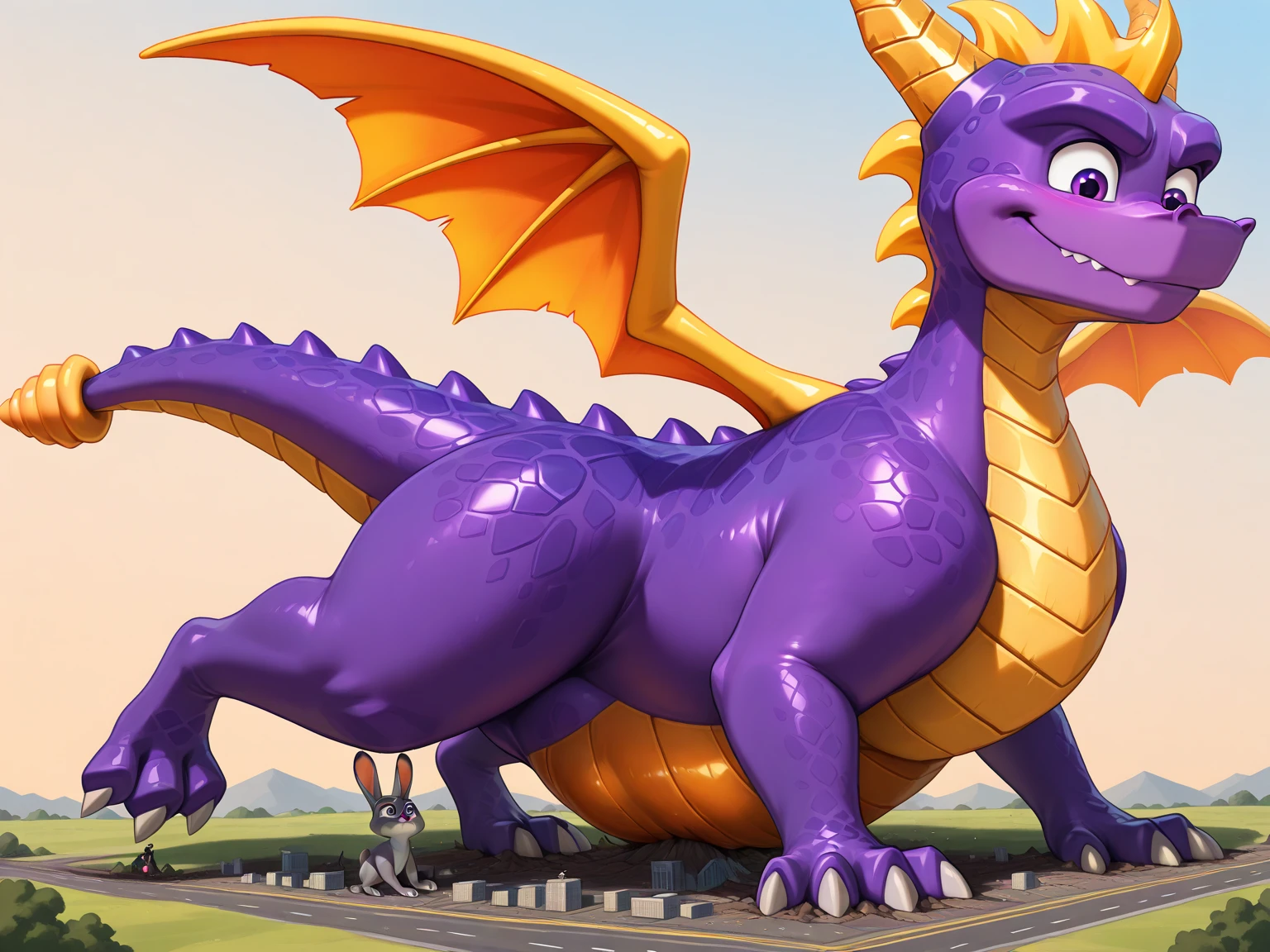 Feral, female, Macro, spyro, ((thick tail bottom)), thick thighs, full body, back, sitting, vore, open mouth