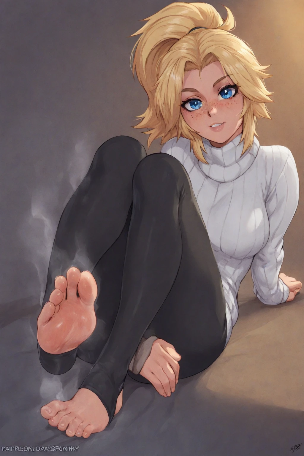 Make a very beautiful blonde woman with green eyes all in black and black leggings and barefoot shitting her pants with a malicious smile and a look of contempt and disdain